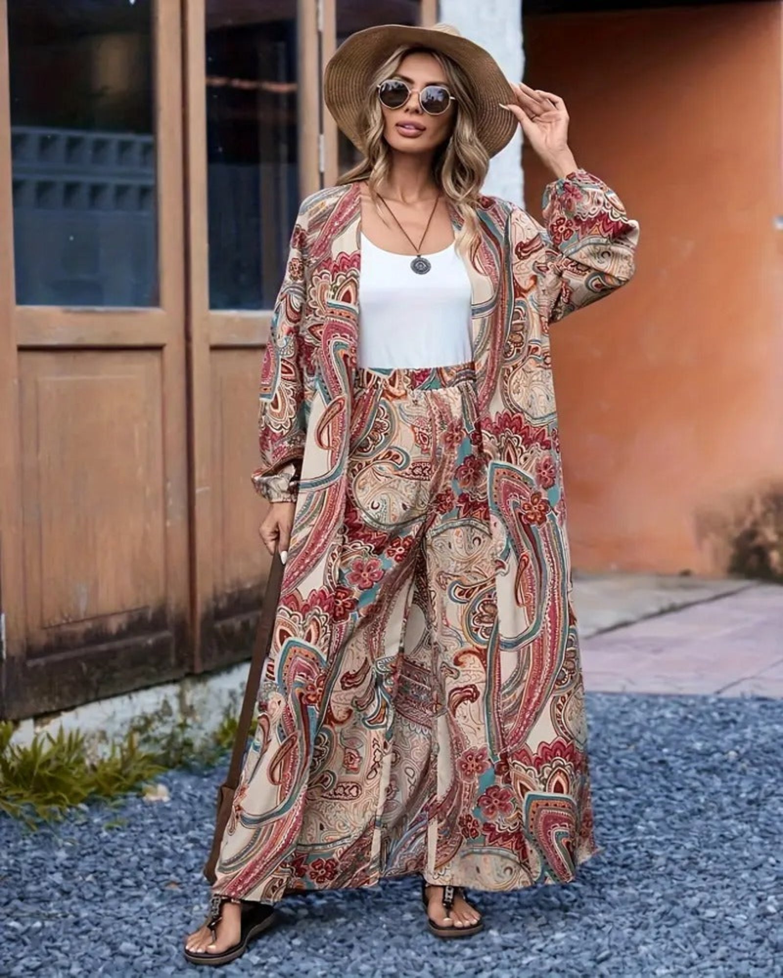 Odalyn – Boho Paisley Cardigan & Wide - Leg Trousers Set - Outfit Sets - Boho Style