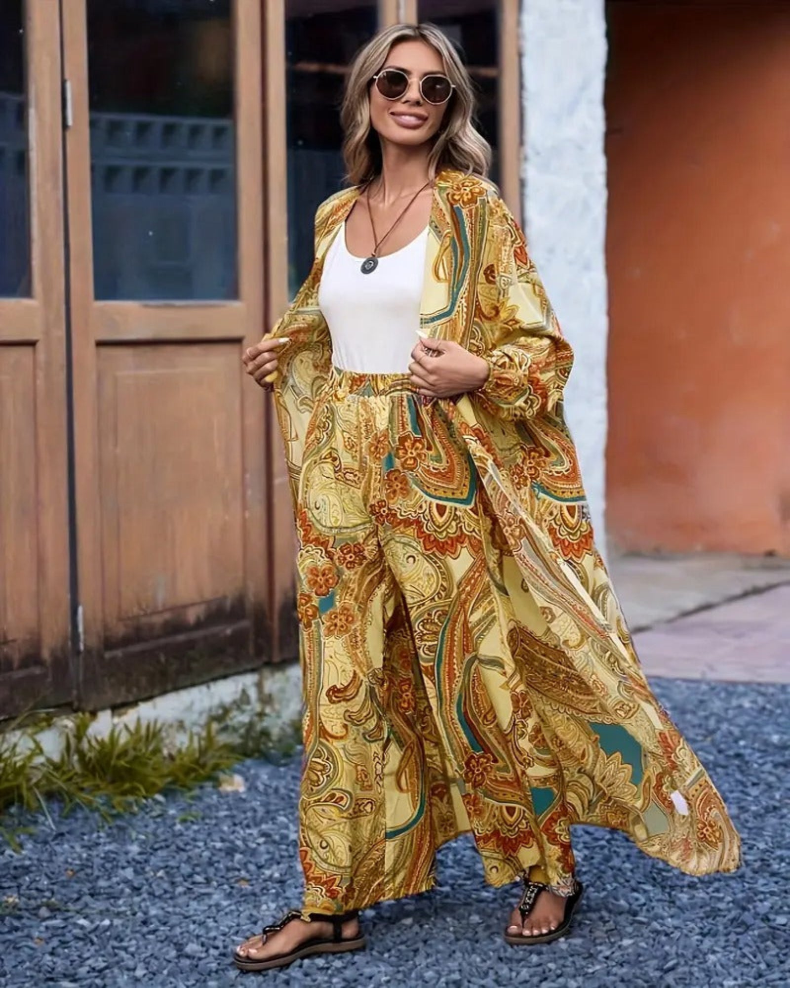 Odalyn – Boho Paisley Cardigan & Wide - Leg Trousers Set - Outfit Sets - Boho Style