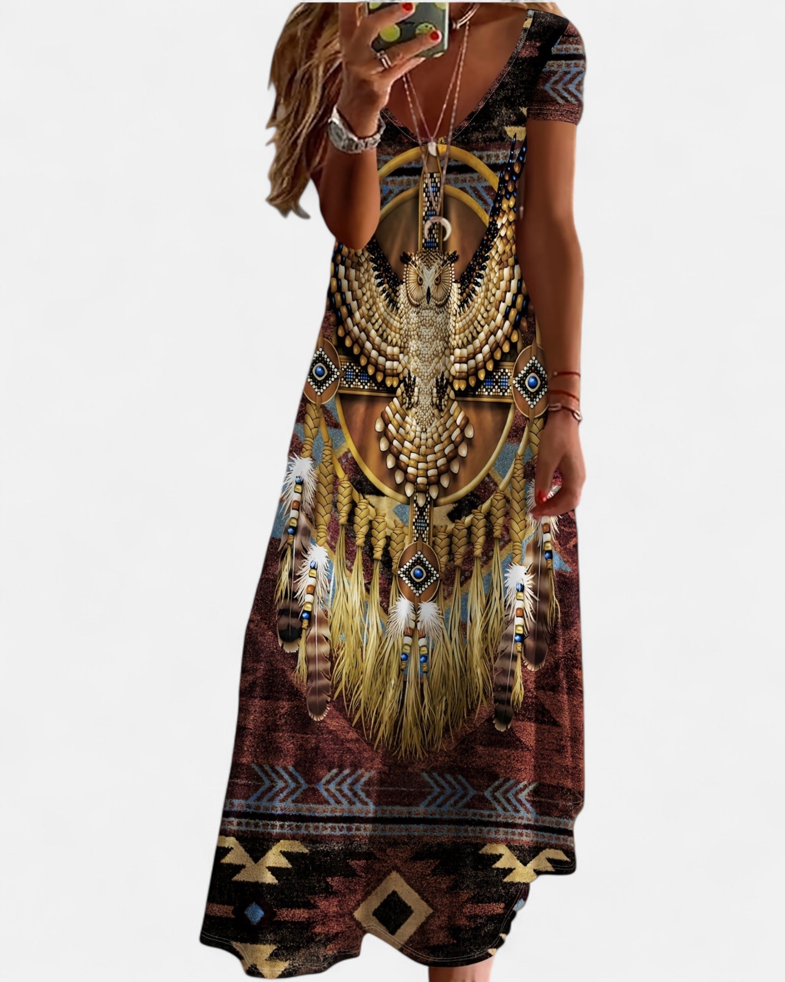 Olivia – Boho Chic V - Neck Owl Print Maxi Dress - Dress - Boho Style