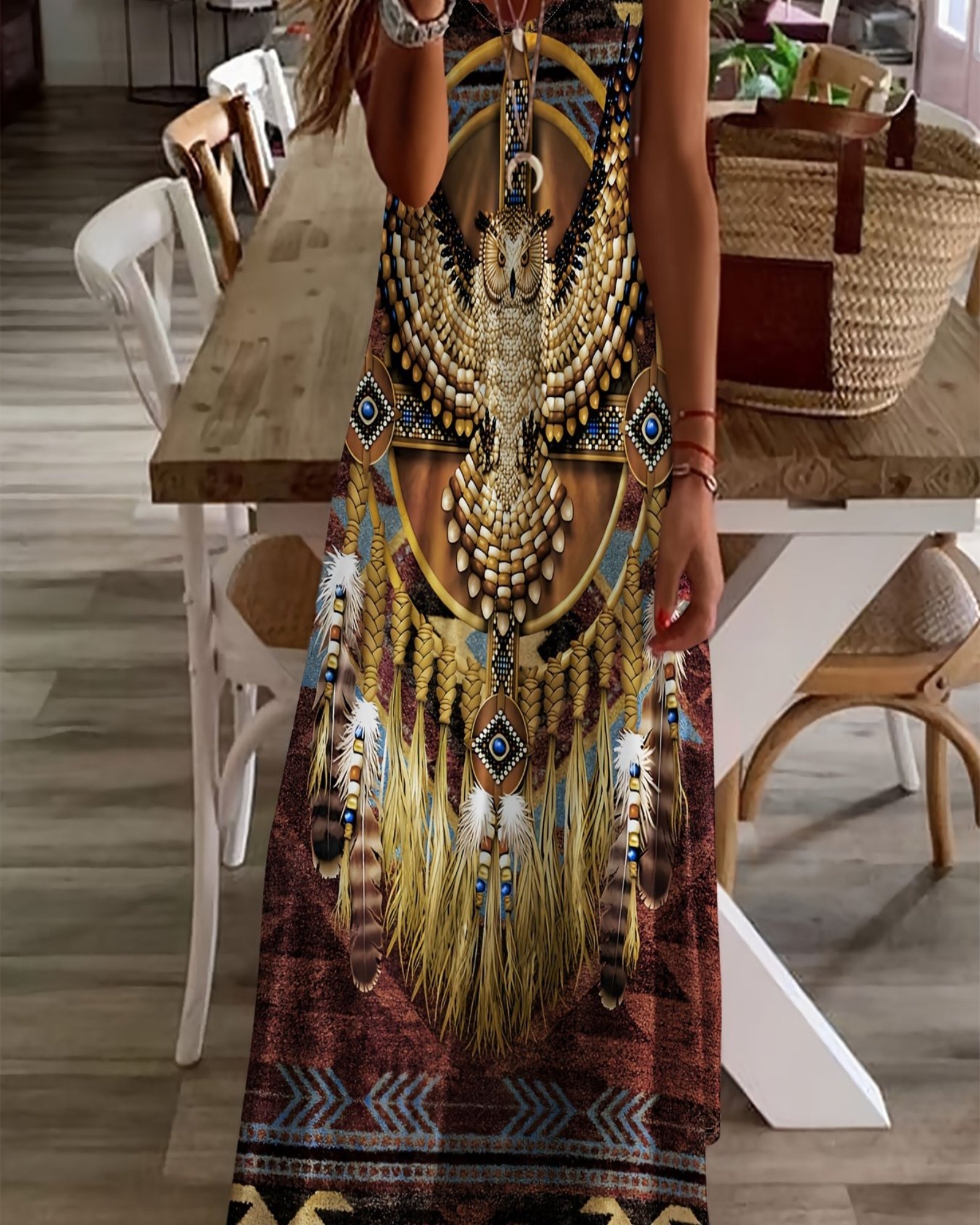Olivia – Boho Chic V - Neck Owl Print Maxi Dress - Dress - Boho Style