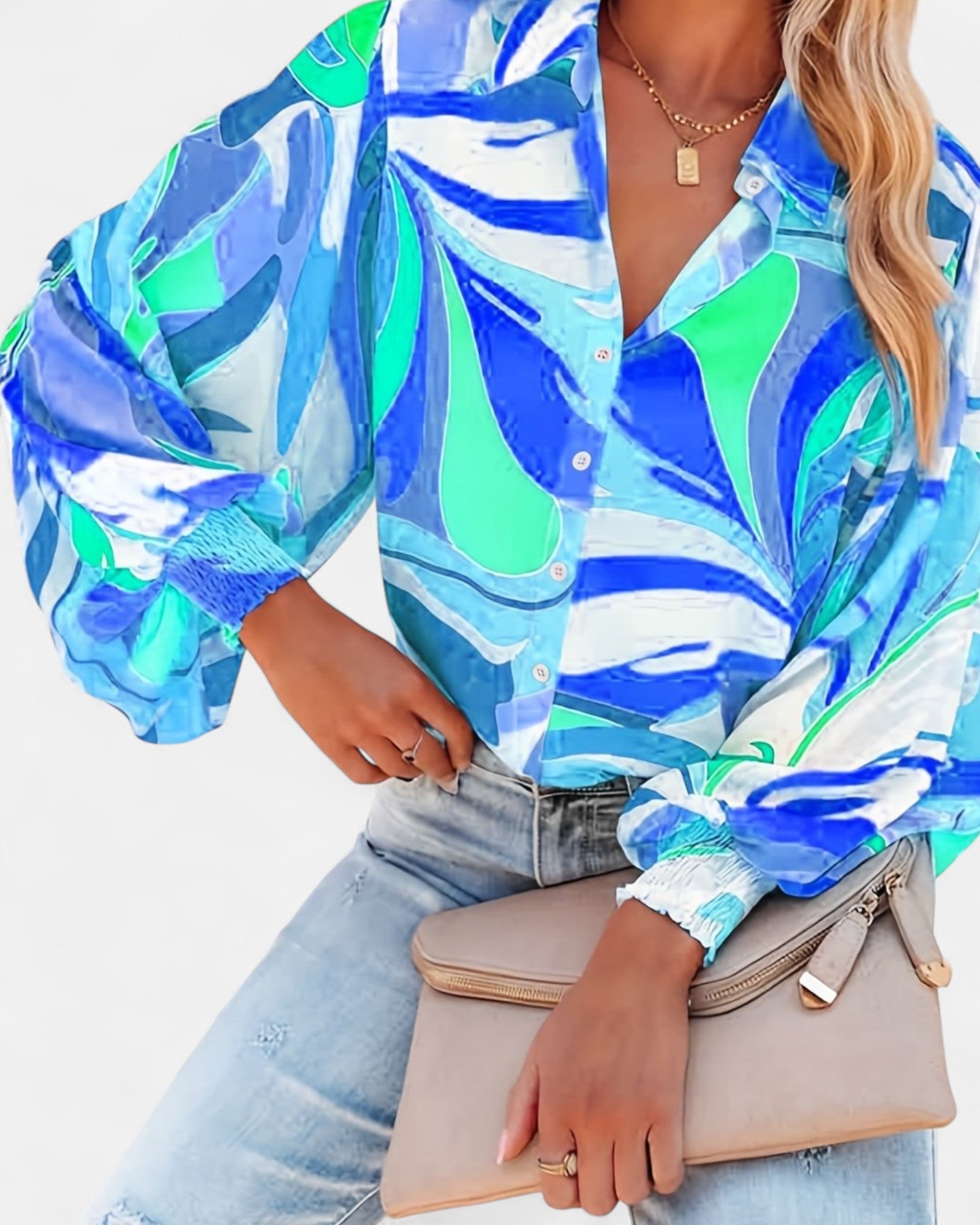 Olivia – Luxe Boho Print Blouse with Lantern Sleeves - Blouse - Boho Style