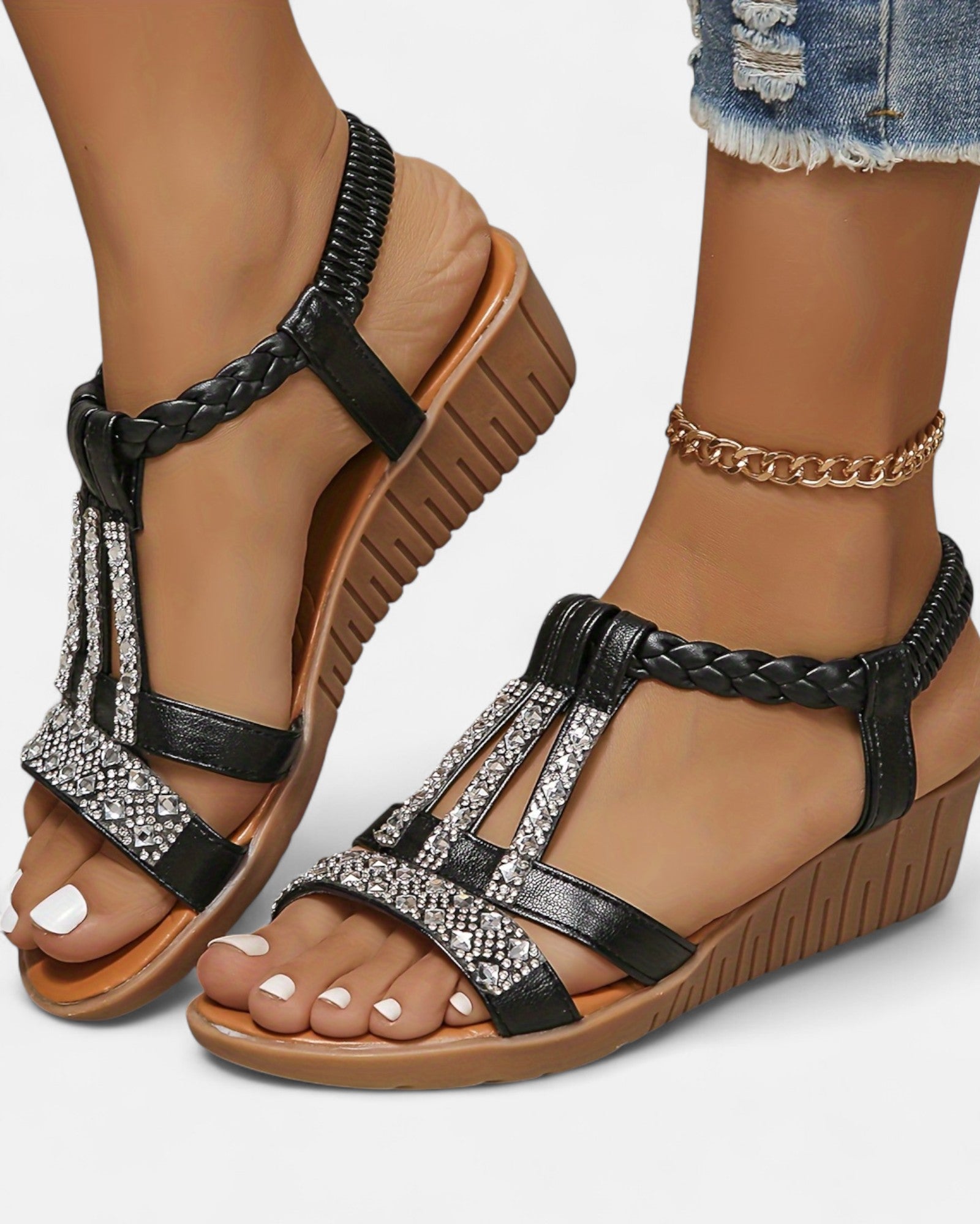 Primrose – Chic Boho Wedge Sandals with Rhinestone Detail - Sandals - Boho Style