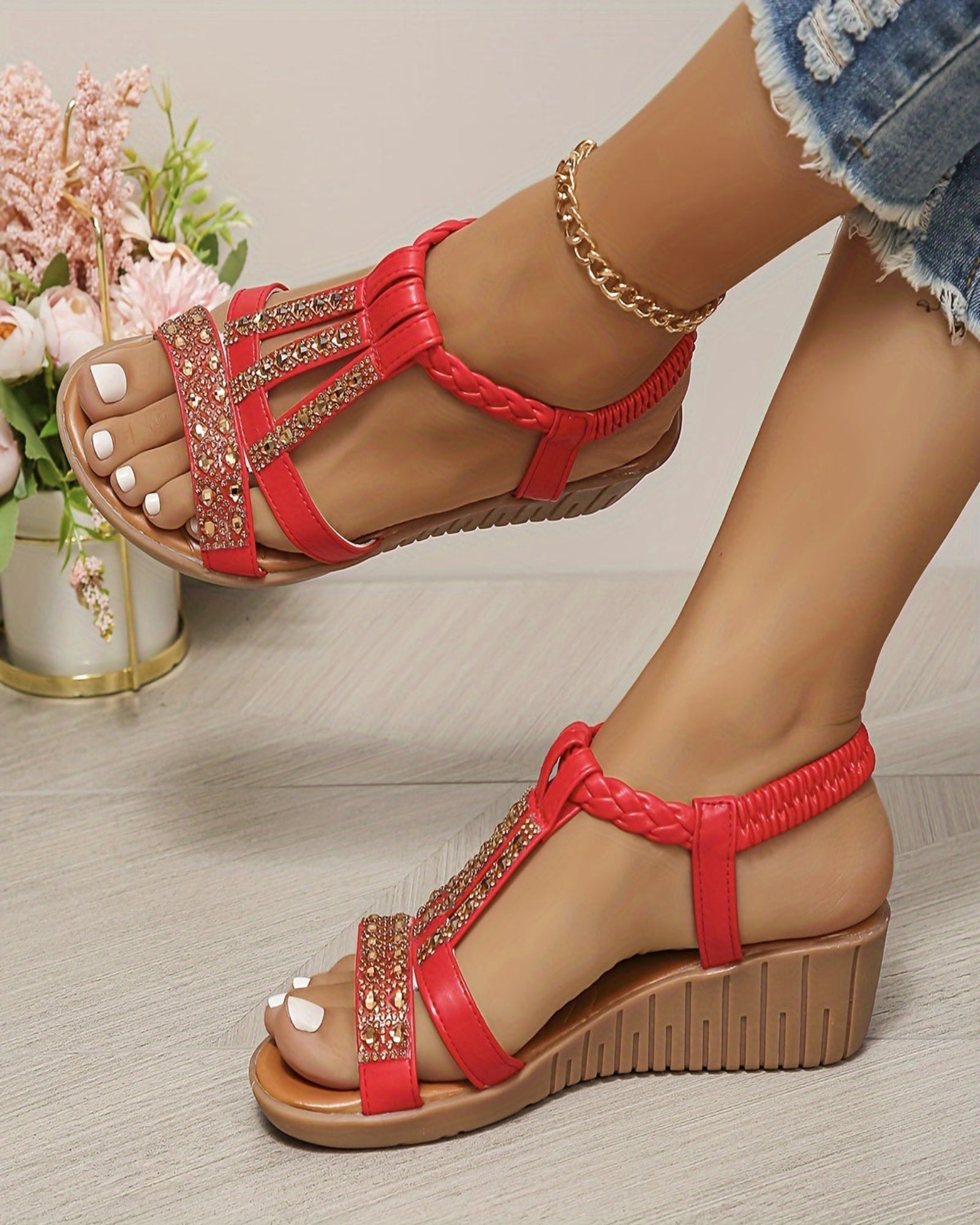 Primrose – Chic Boho Wedge Sandals with Rhinestone Detail - Sandals - Boho Style
