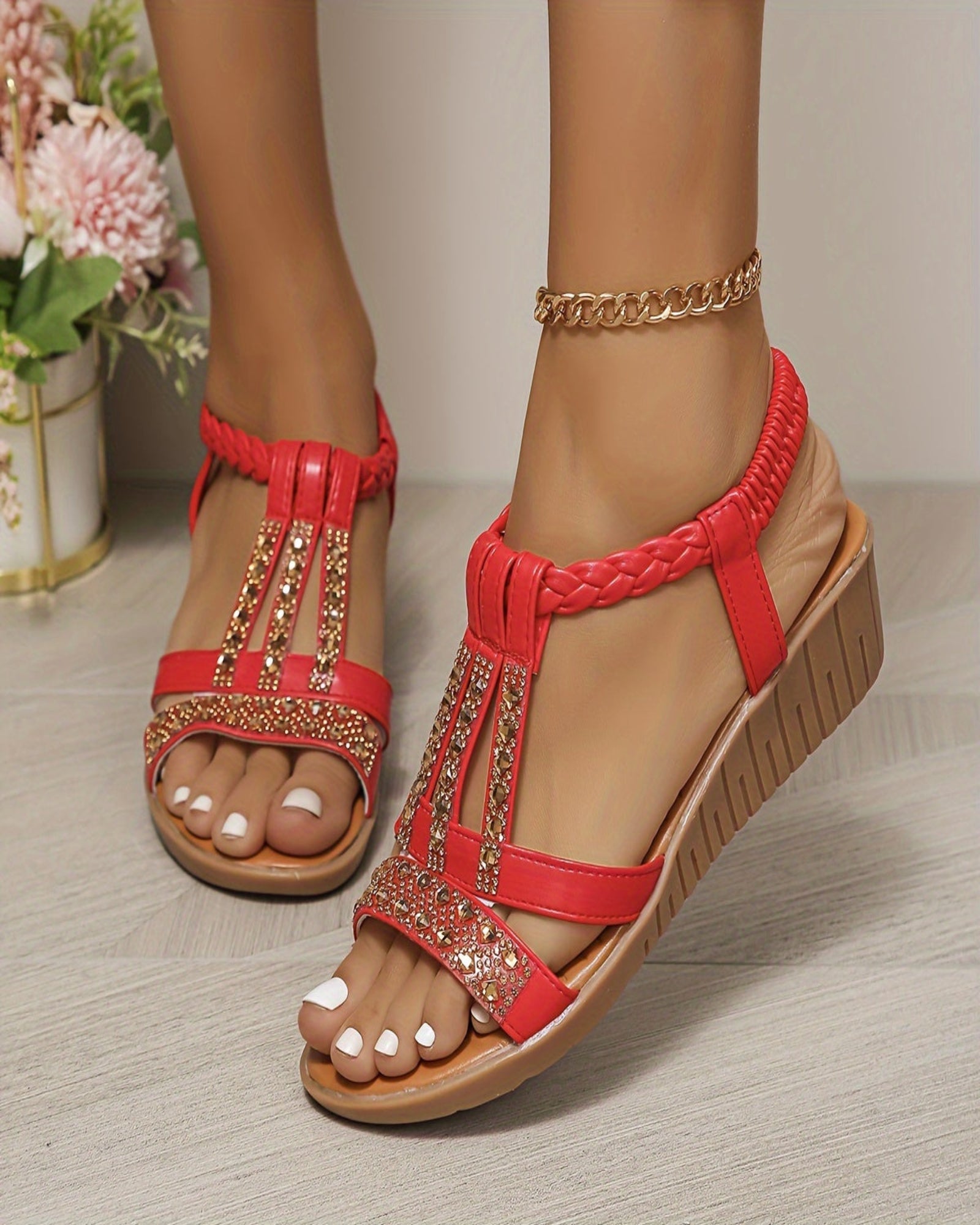 Primrose – Chic Boho Wedge Sandals with Rhinestone Detail - Sandals - Boho Style