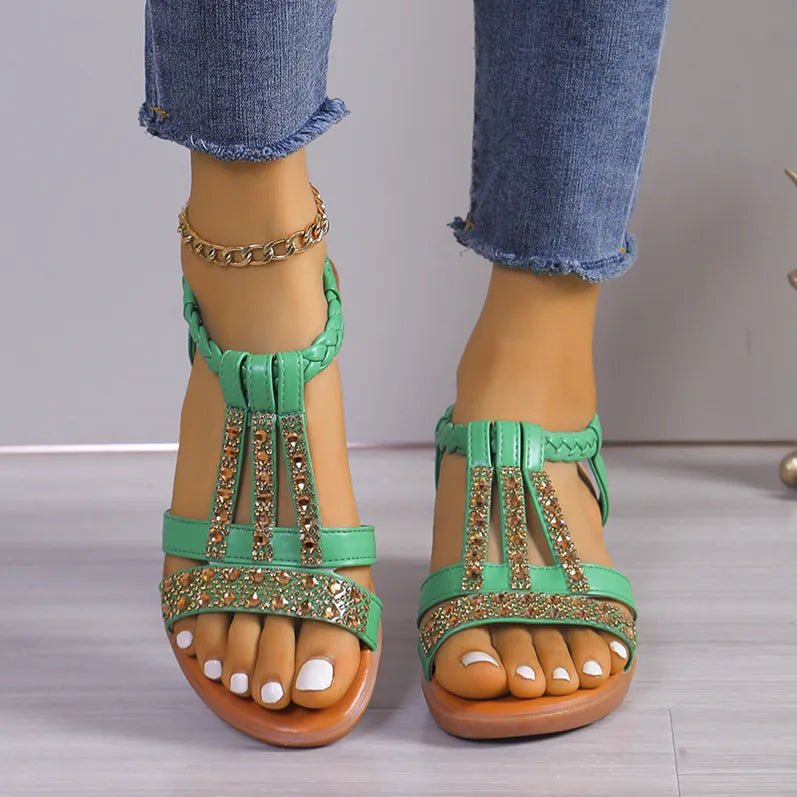 Primrose – Chic Boho Wedge Sandals with Rhinestone Detail - Sandals - Boho Style