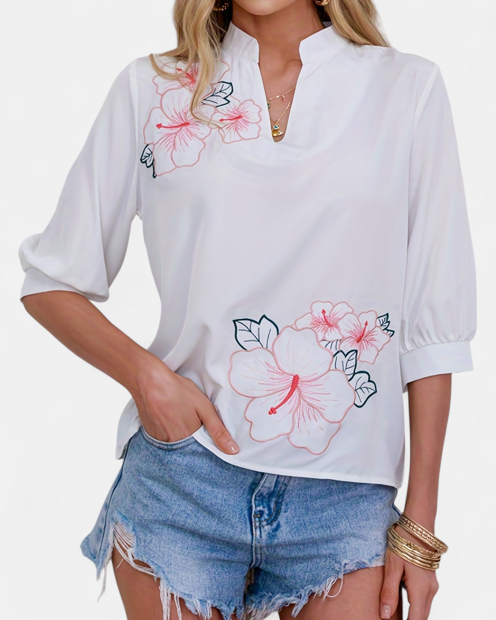 Quinn– Boho Floral V - Neck Blouse with Sheer Sleeves - Blouse - Boho Style
