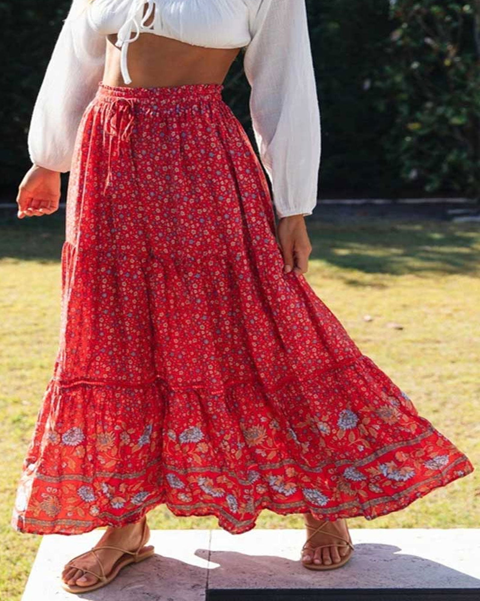 Raya – Bohemian Olive Meadow Maxi Skirt - Skirt - Boho Style