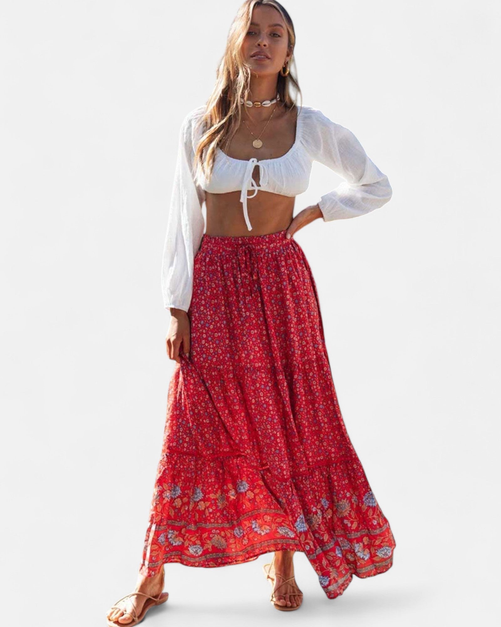 Raya – Bohemian Olive Meadow Maxi Skirt - Skirt - Boho Style