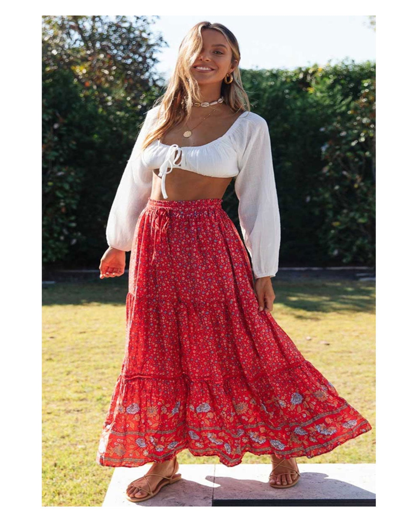 Raya – Bohemian Olive Meadow Maxi Skirt - Skirt - Boho Style