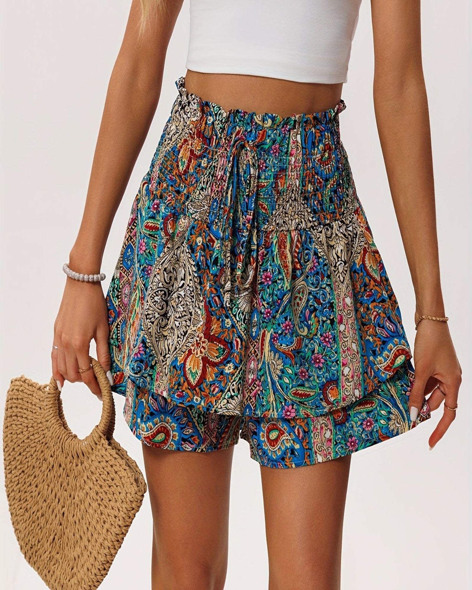 Rhea – Lightweight Boho Floral Print Drawstring Shorts - Short - Boho Style