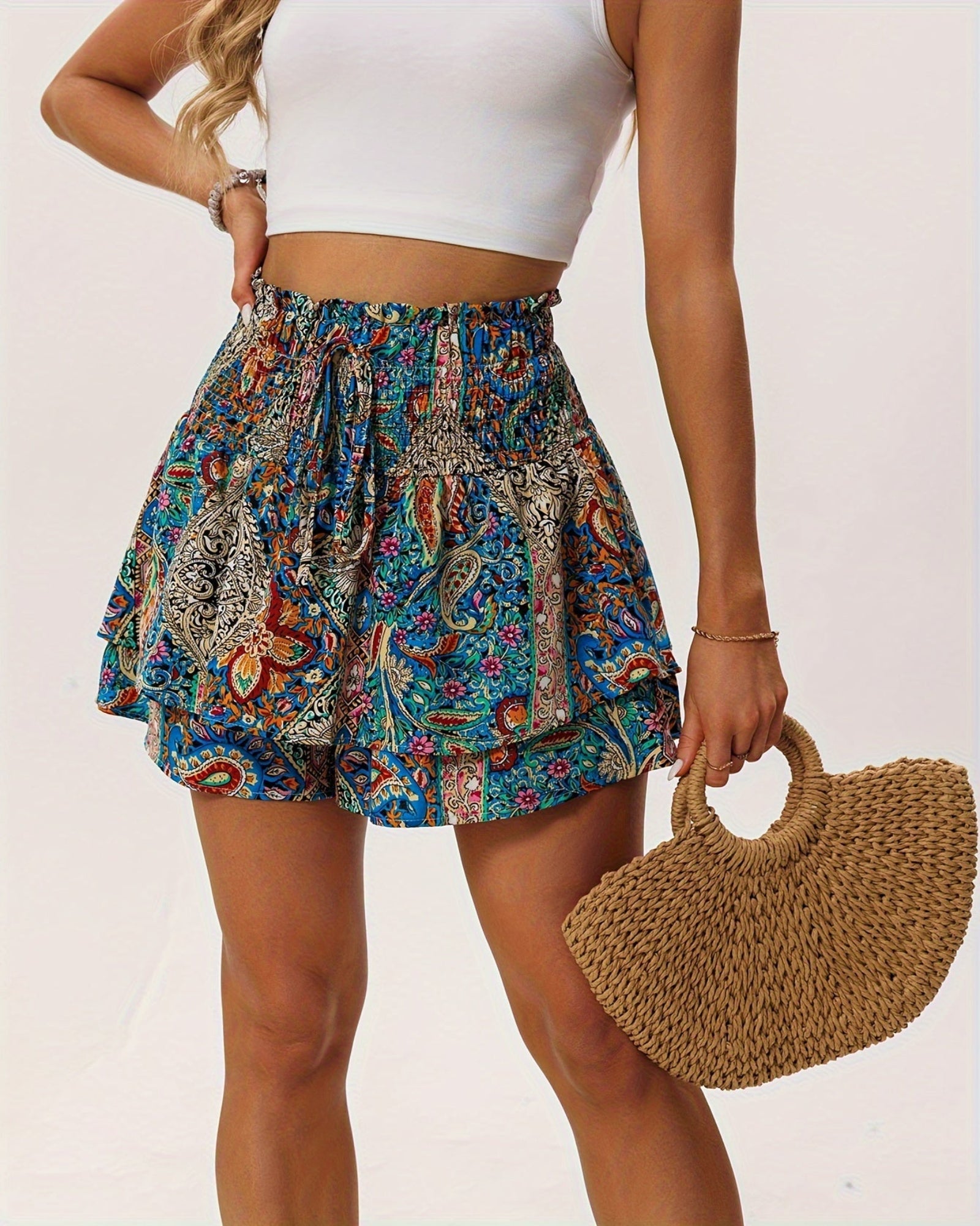 Rhea – Lightweight Boho Floral Print Drawstring Shorts - Short - Boho Style