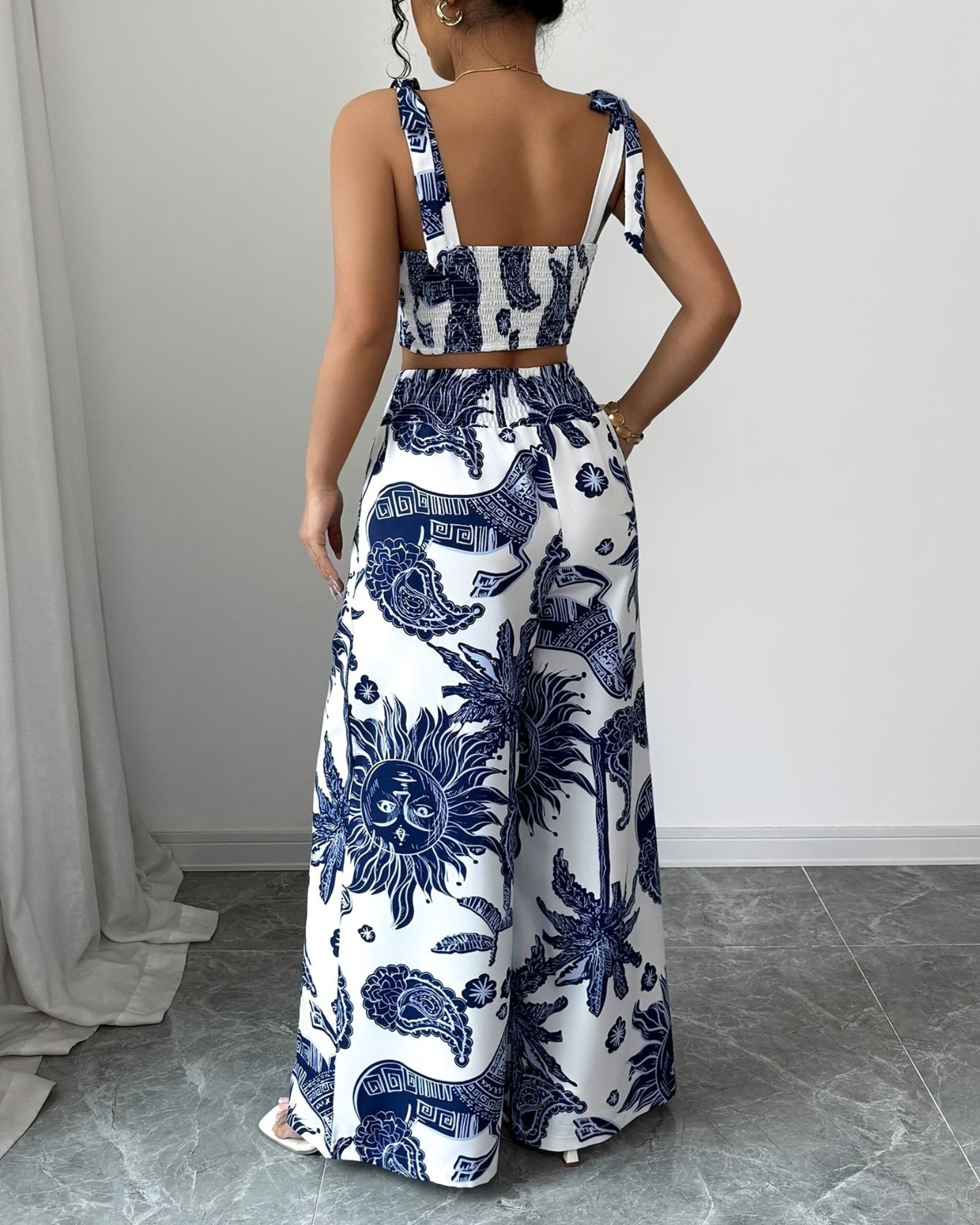 Rosalie – Boho Blue & White Floral Crop Top & Wide - Leg Trousers Set - Outfit Sets - Boho Style