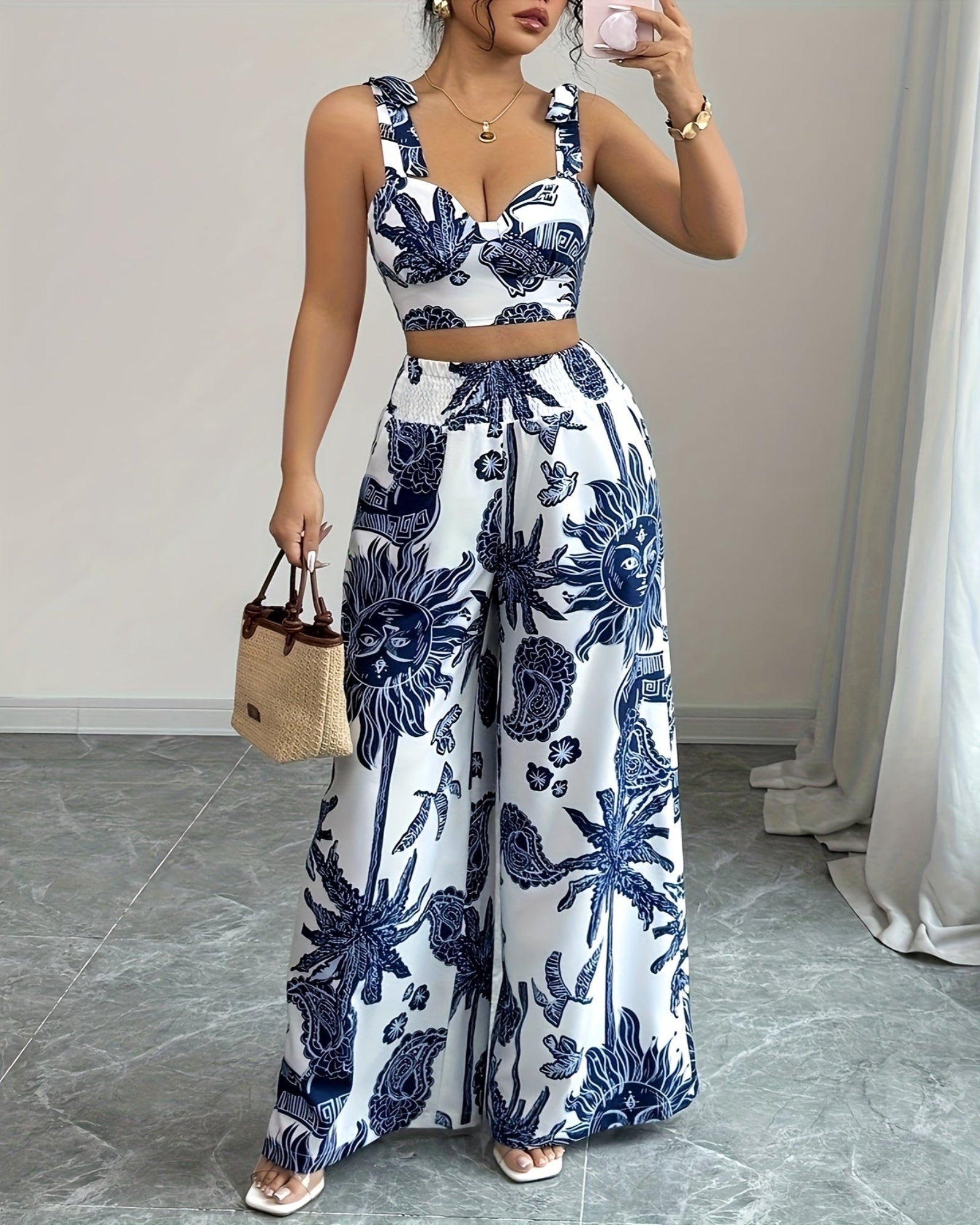 Rosalie – Boho Blue & White Floral Crop Top & Wide - Leg Trousers Set - Outfit Sets - Boho Style
