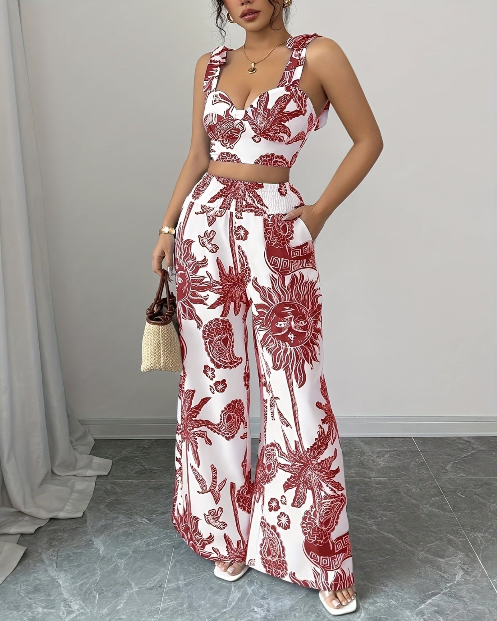Rosalie – Boho Blue & White Floral Crop Top & Wide - Leg Trousers Set - Outfit Sets - Boho Style