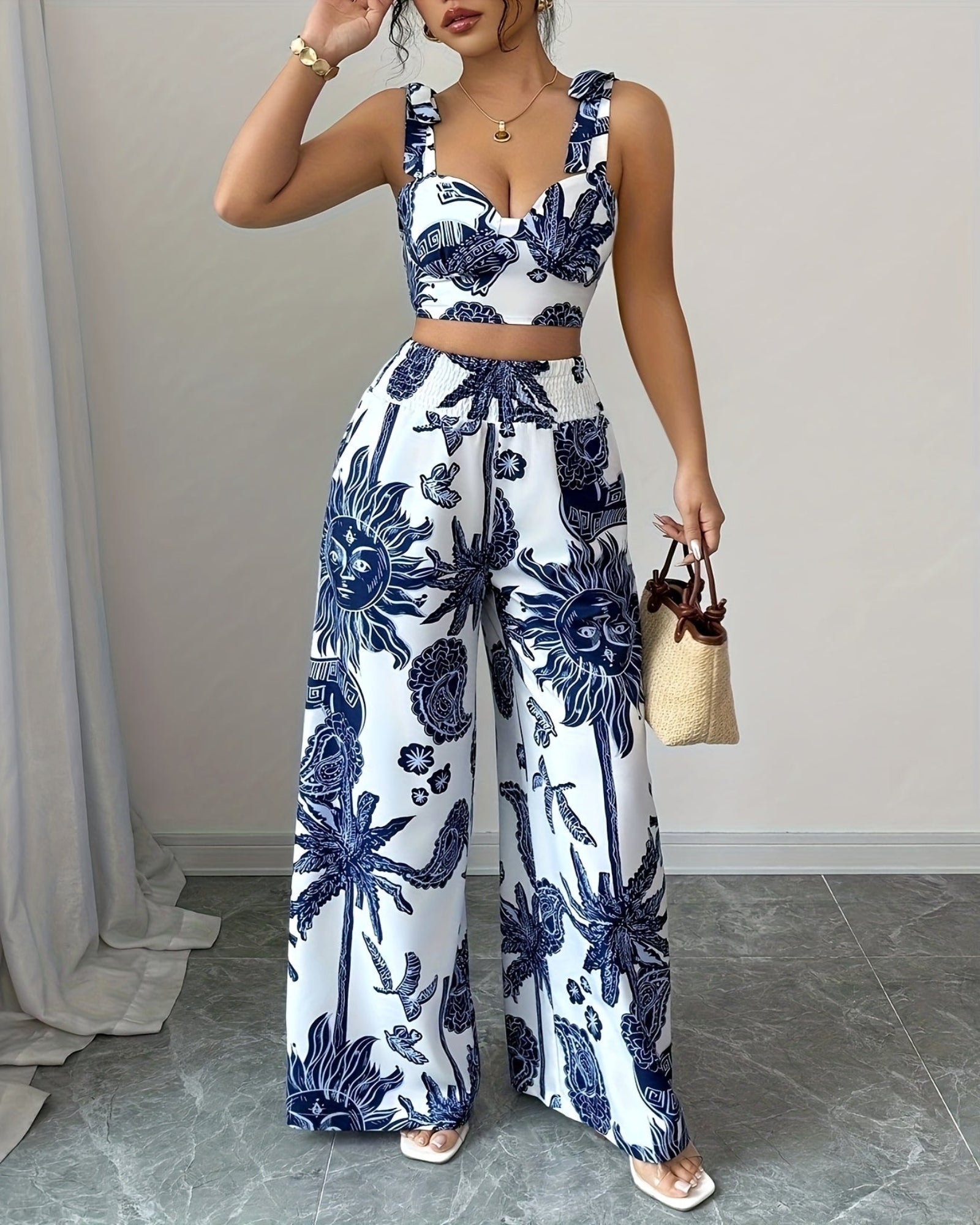 Rosalie – Boho Blue & White Floral Crop Top & Wide - Leg Trousers Set - Outfit Sets - Boho Style