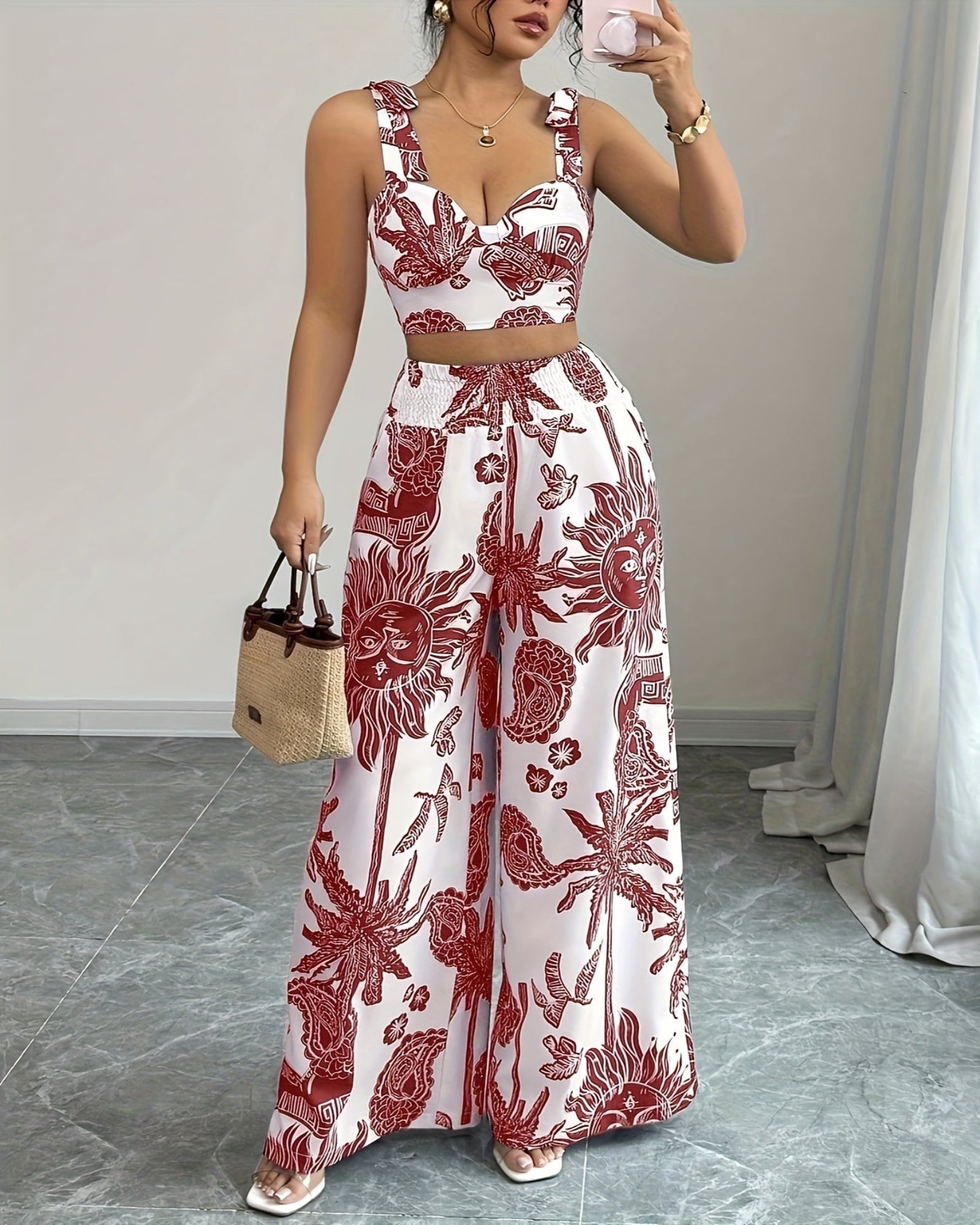 Rosalie – Boho Blue & White Floral Crop Top & Wide - Leg Trousers Set - Outfit Sets - Boho Style