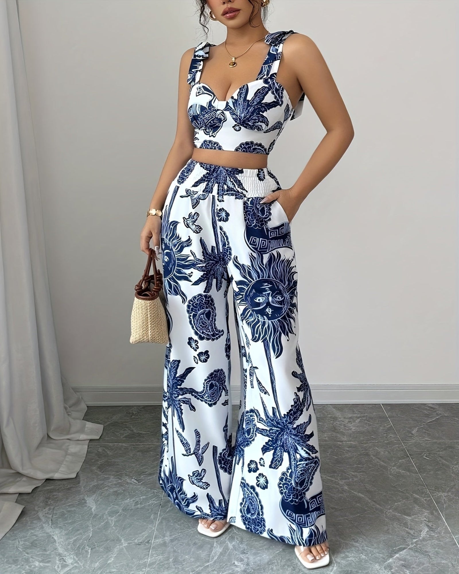 Rosalie – Boho Blue & White Floral Crop Top & Wide - Leg Trousers Set - Outfit Sets - Boho Style