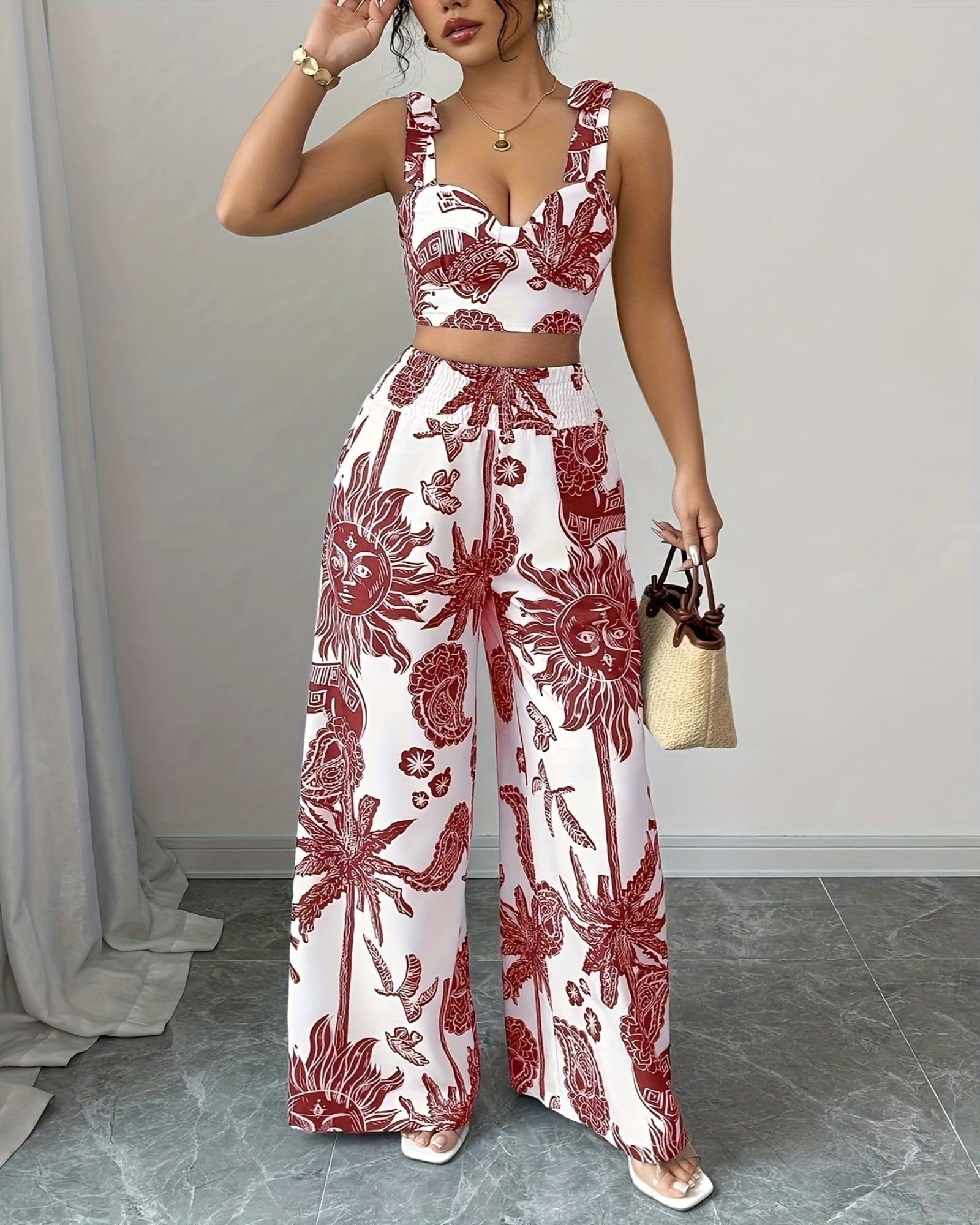 Rosalie – Boho Blue & White Floral Crop Top & Wide - Leg Trousers Set - Outfit Sets - Boho Style