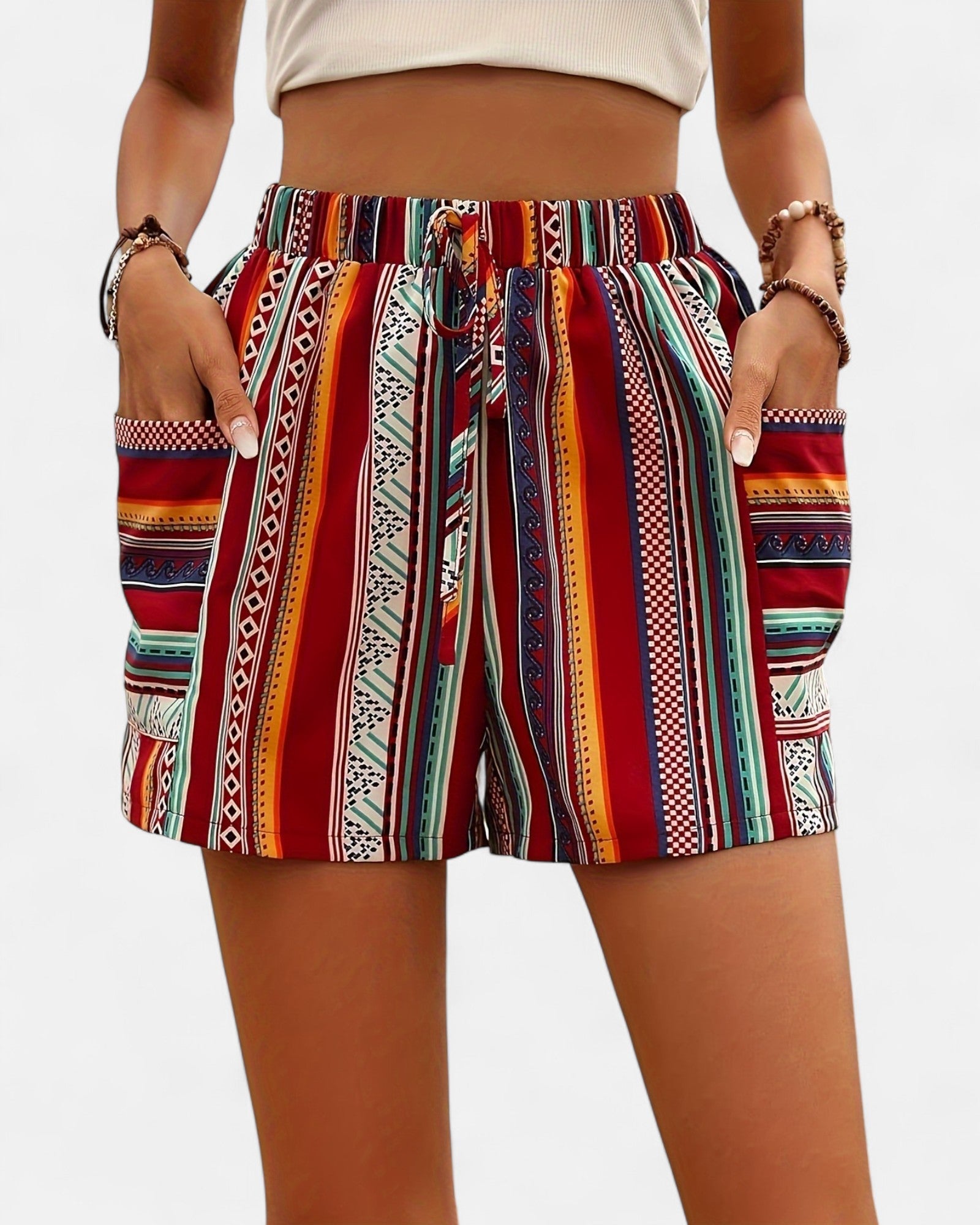 Rosie – Bohemian High - Waisted Striped Shorts with Pockets - Boho Style - Red and Blue - S -
