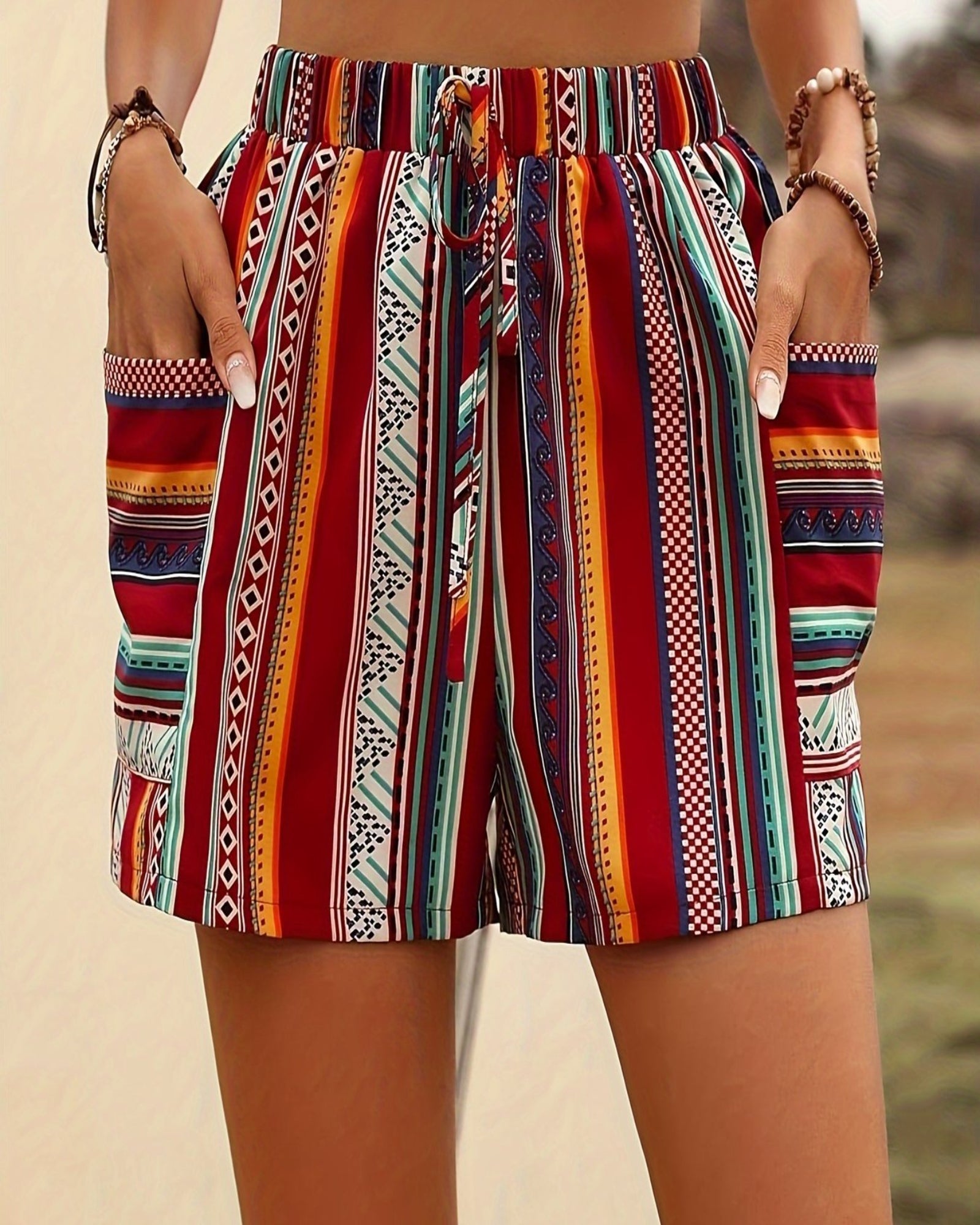 Rosie – Bohemian High - Waisted Striped Shorts with Pockets - Boho Style - Red and Blue - S -