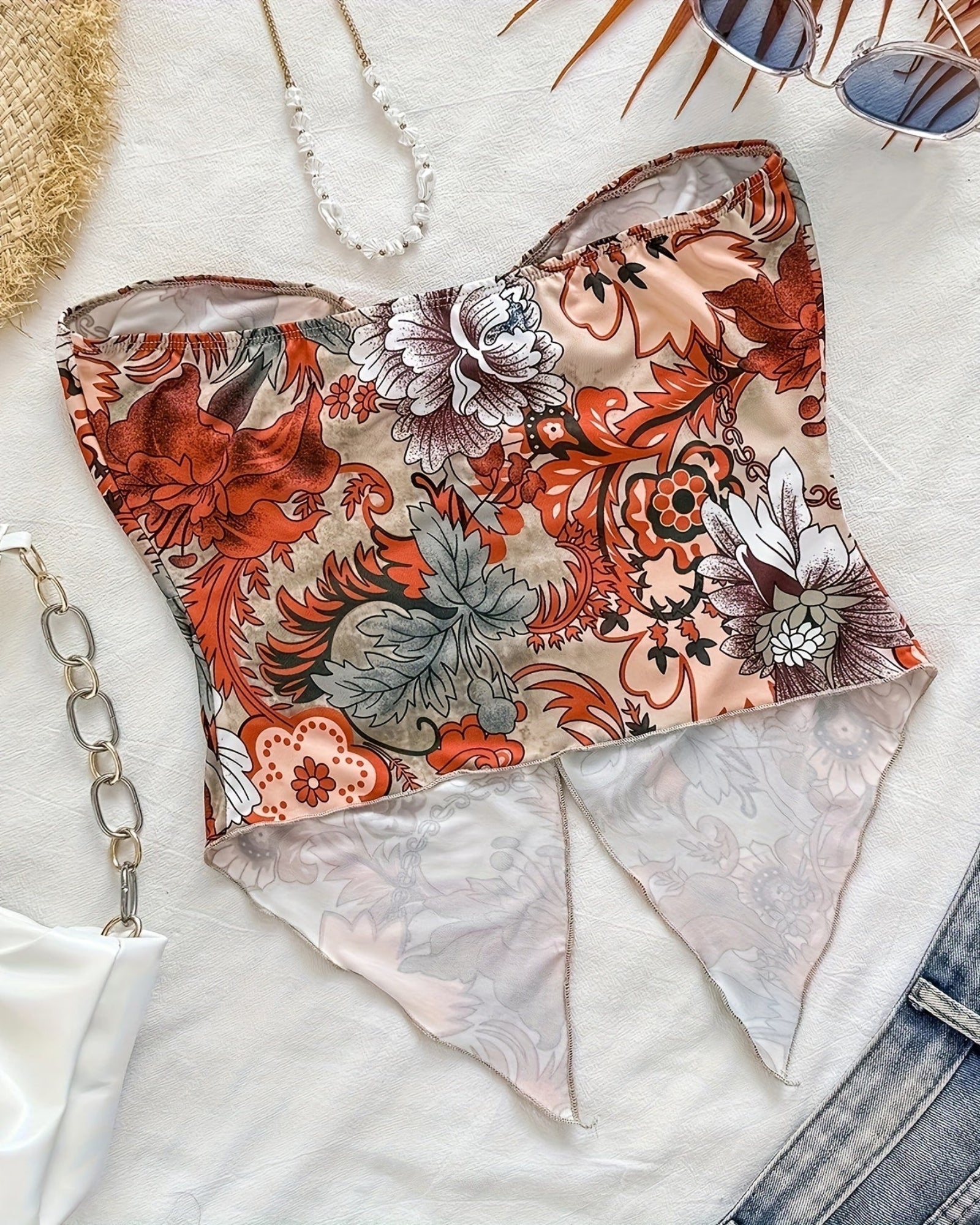 Sarah – Boho Floral Tube Top with Twist Front & Asymmetrical Hem - Tube Top - Boho Style