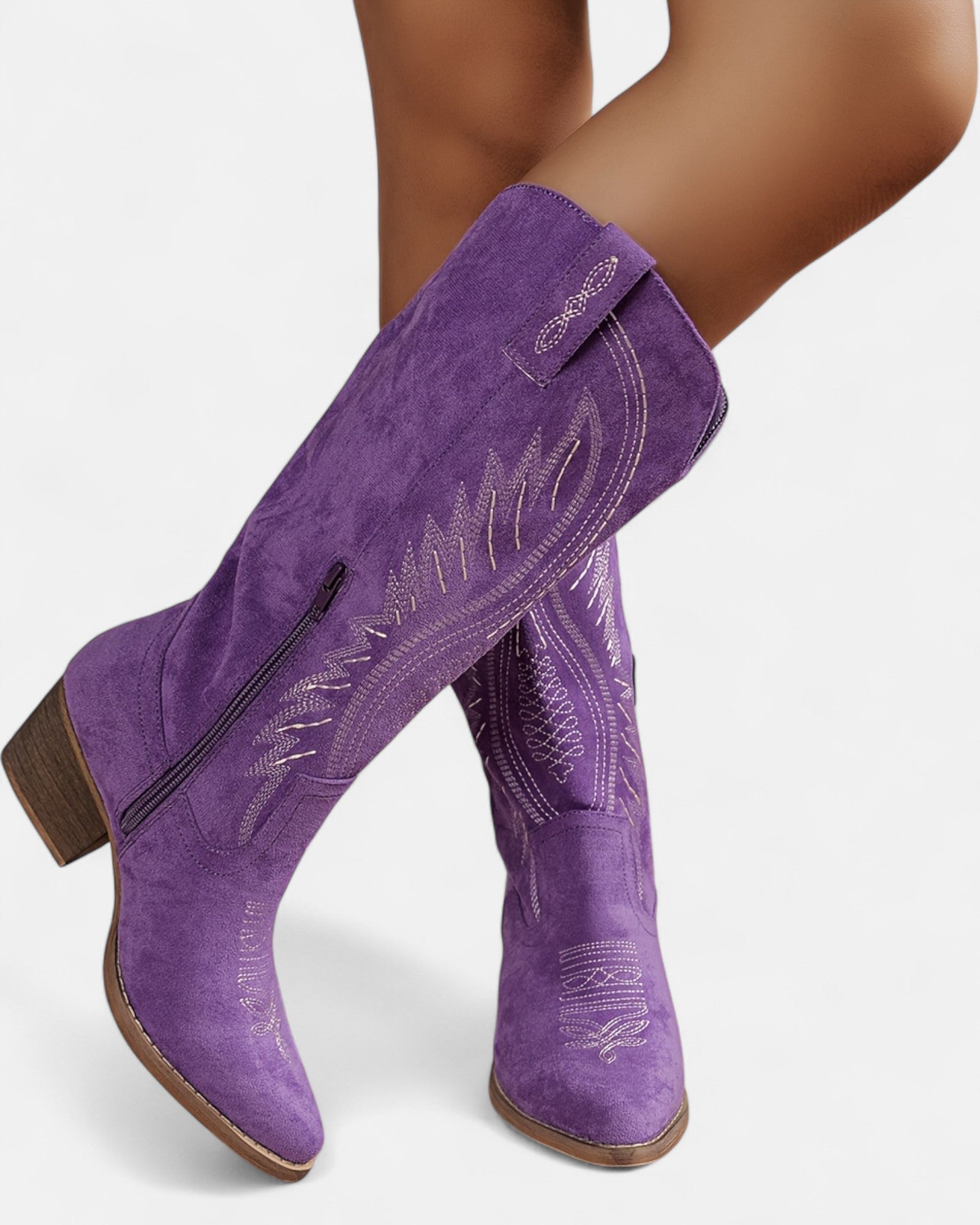 Sheila – Boho Embroidered Cowboy Boots with Chunky Heel - Boho Style - Purple - 2.5 -