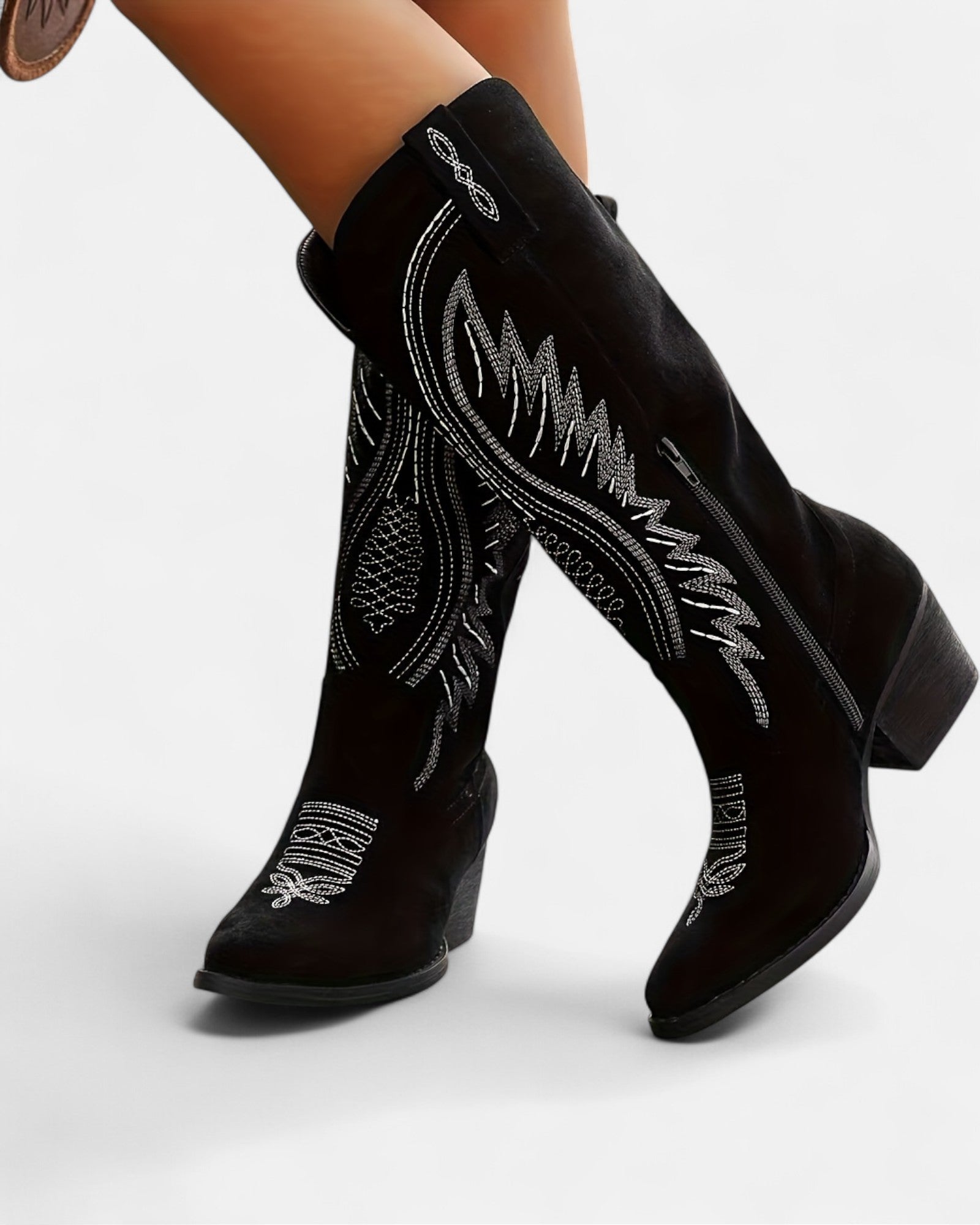 Sheila – Boho Embroidered Cowboy Boots with Chunky Heel - Boho Style - Black - 2.5 -
