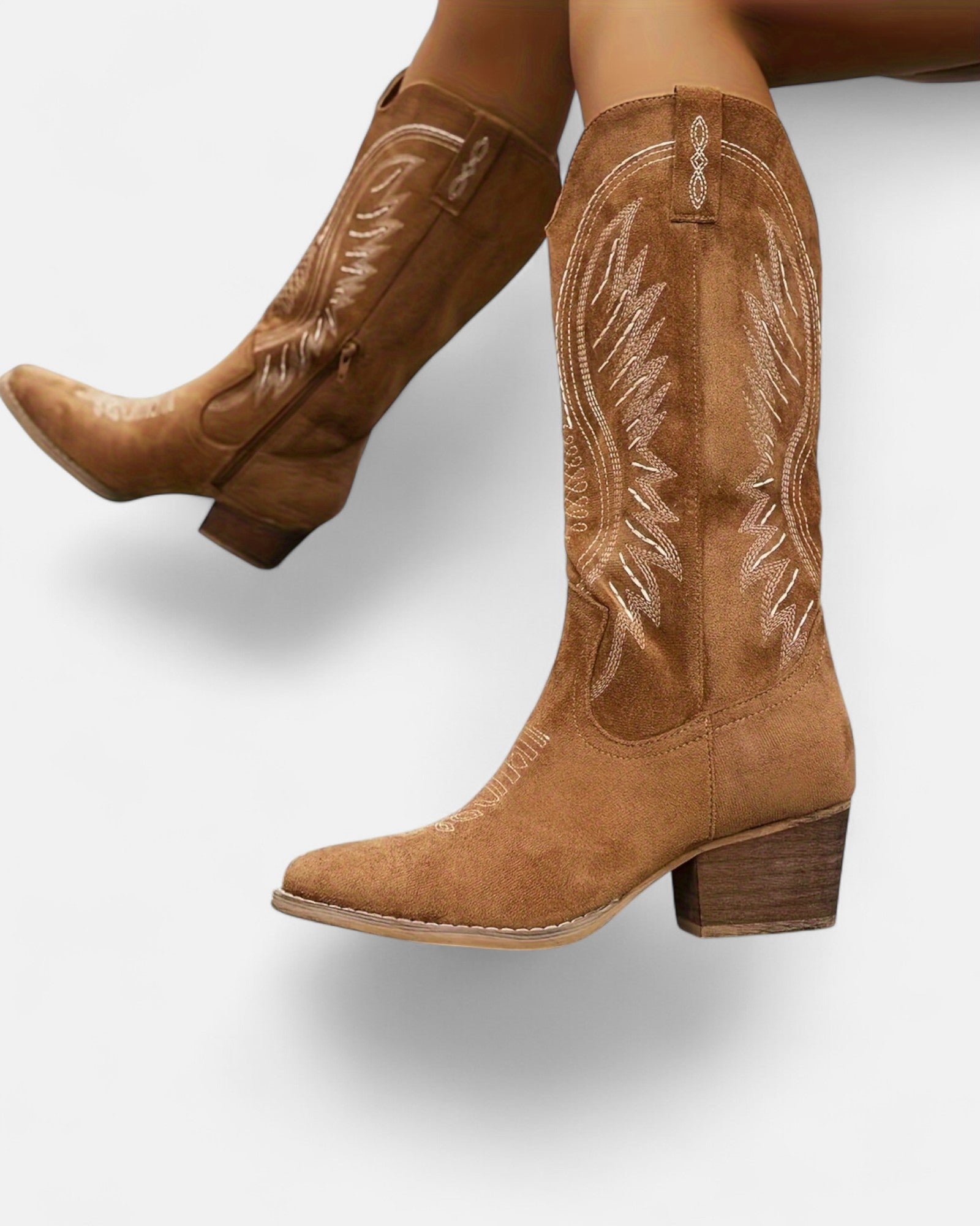 Sheila – Boho Embroidered Cowboy Boots with Chunky Heel - Boho Style - Camel - 2.5 -