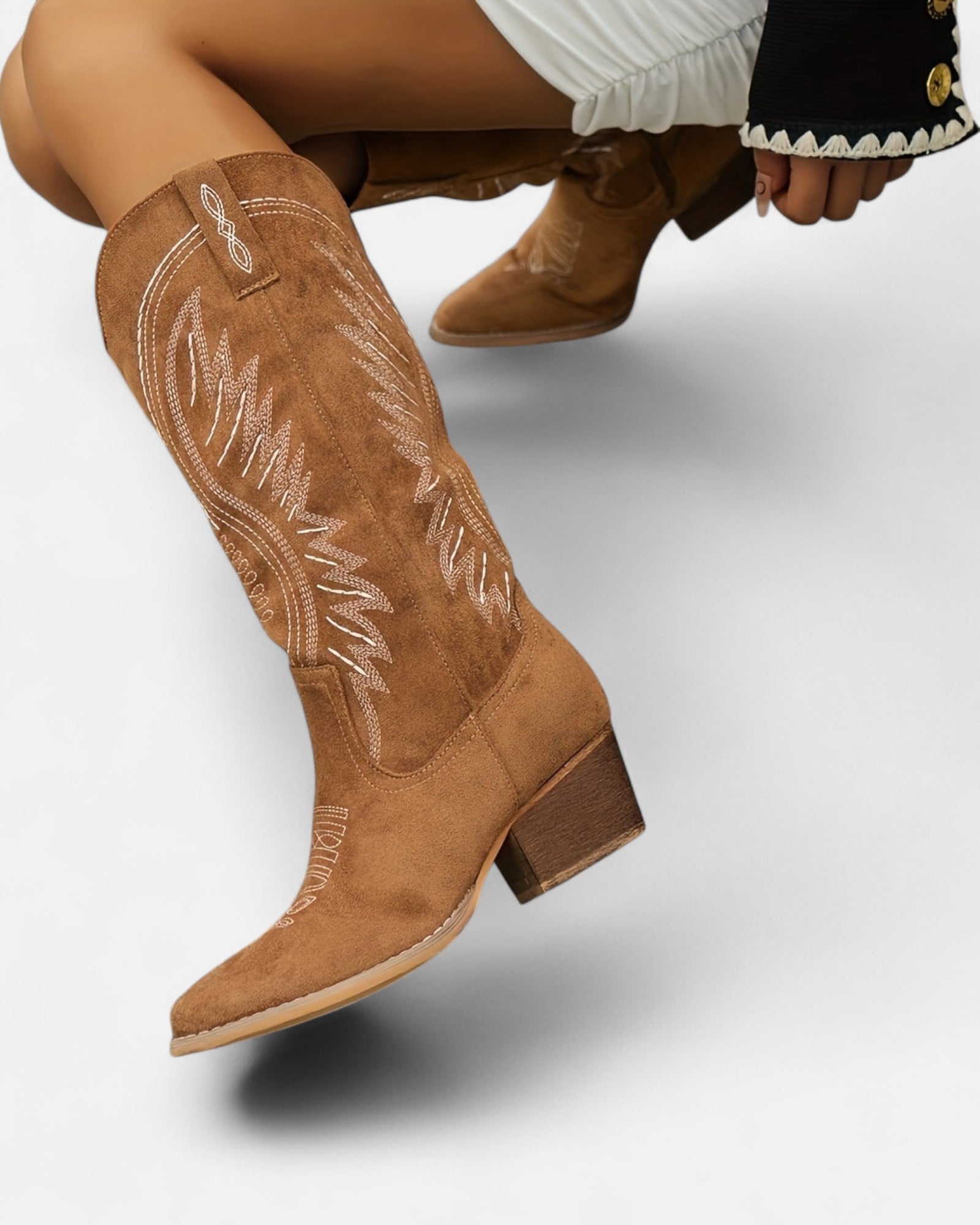 Sheila – Boho Embroidered Cowboy Boots with Chunky Heel - Boho Style - Black - 2.5 -