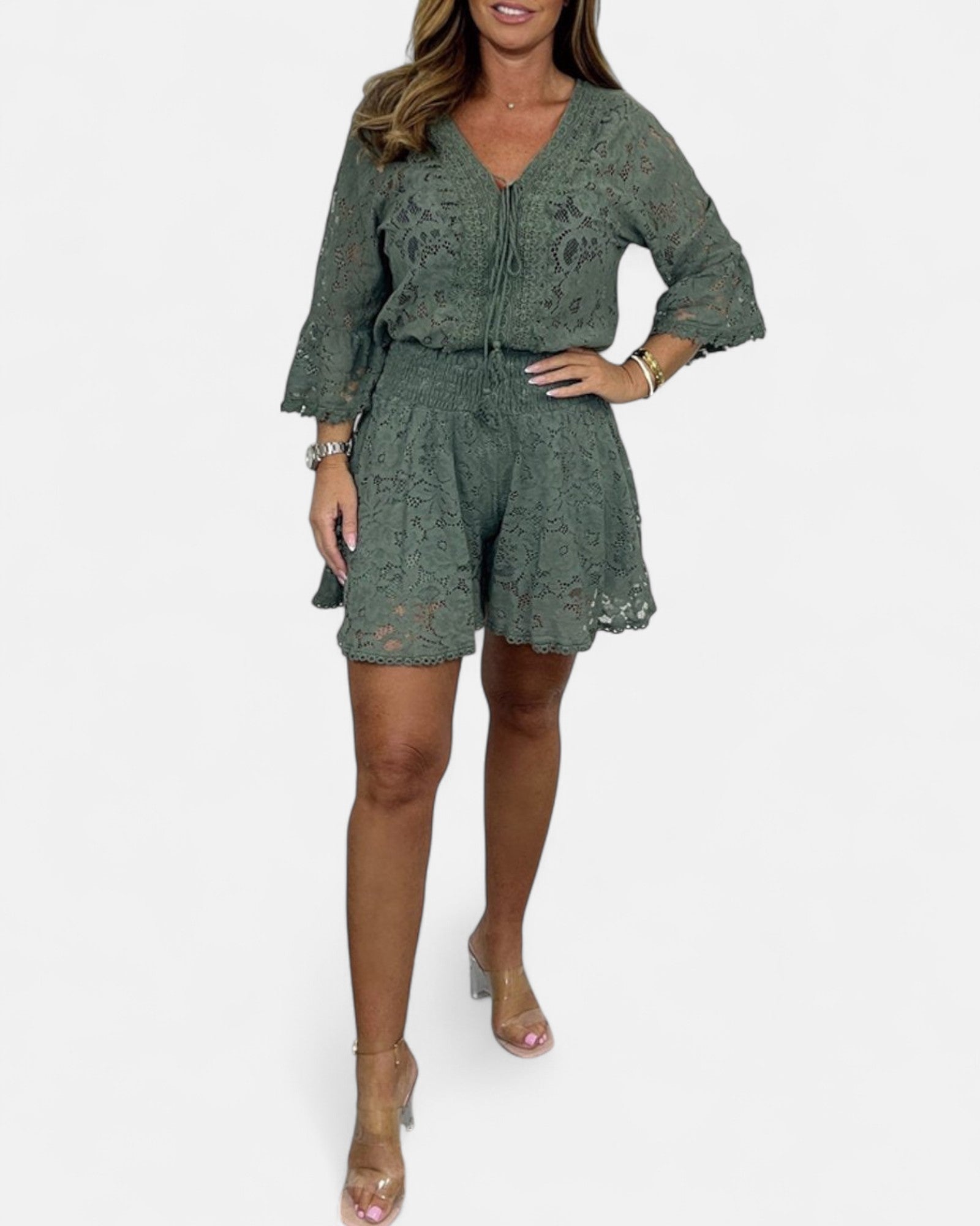 Solara – Boho V - Neck Lace Short Jumpsuit - Jumpsuit - Boho Style