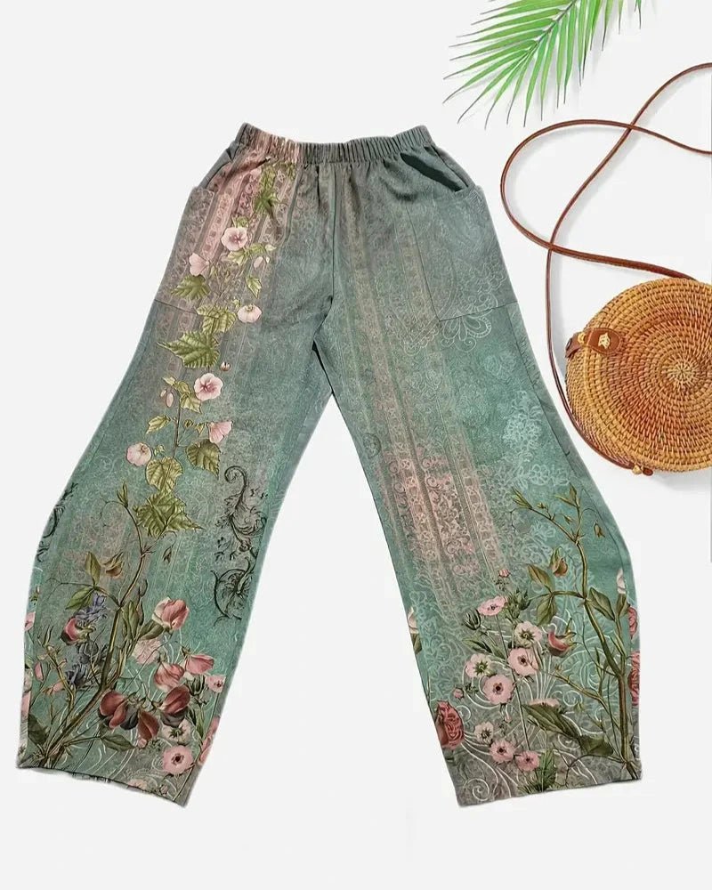 Sophie – Boho Floral Wide - Leg Trousers with Slant Pockets - Trouser - Boho Style