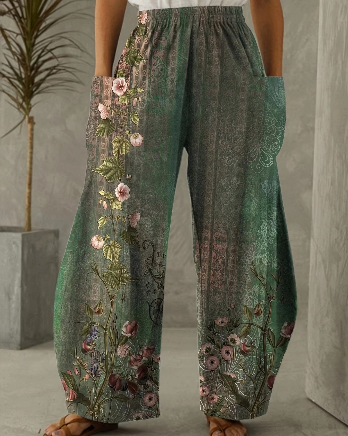 Sophie – Boho Floral Wide - Leg Trousers with Slant Pockets - Trouser - Boho Style