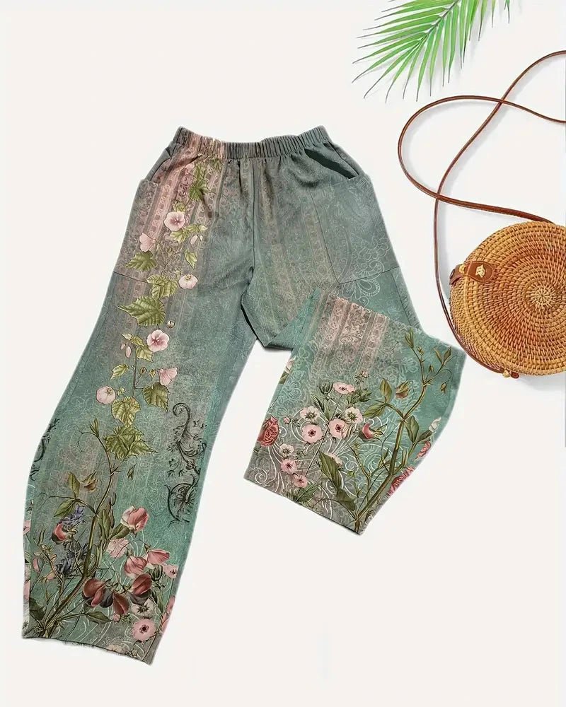 Sophie – Boho Floral Wide - Leg Trousers with Slant Pockets - Trouser - Boho Style