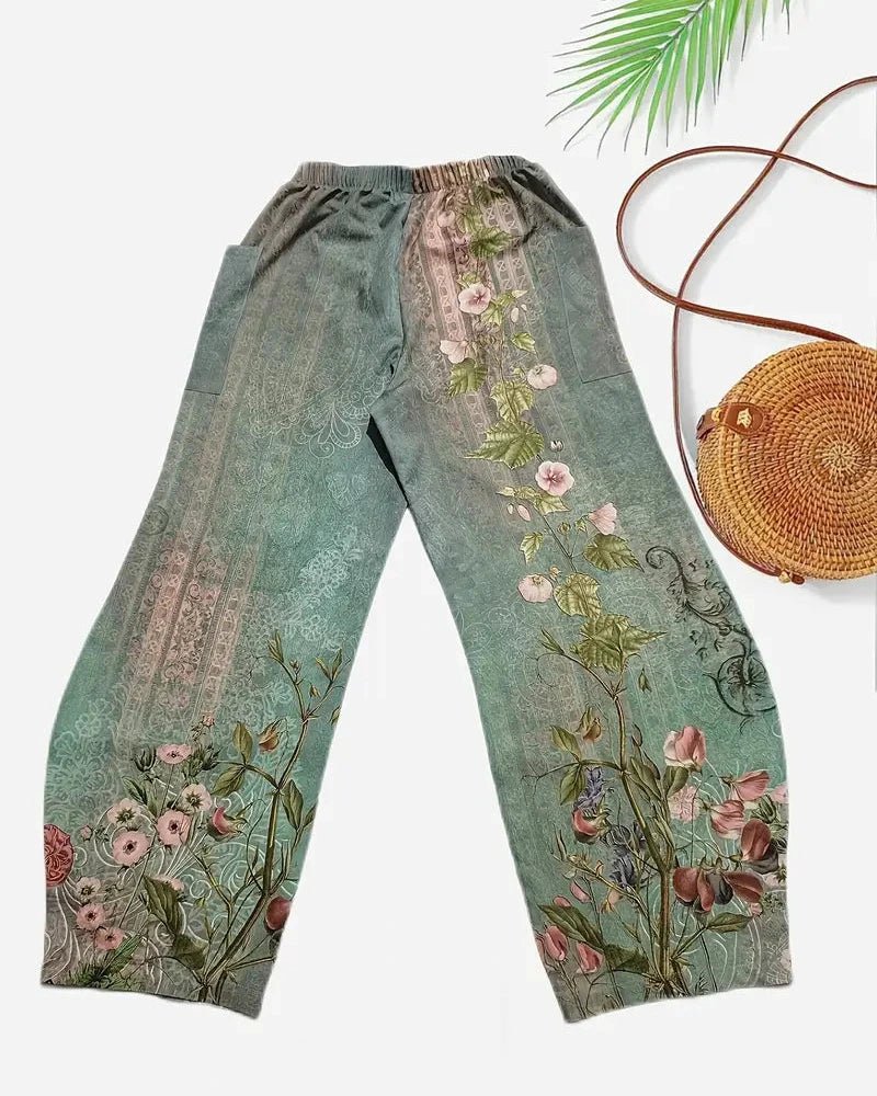 Sophie – Boho Floral Wide - Leg Trousers with Slant Pockets - Trouser - Boho Style