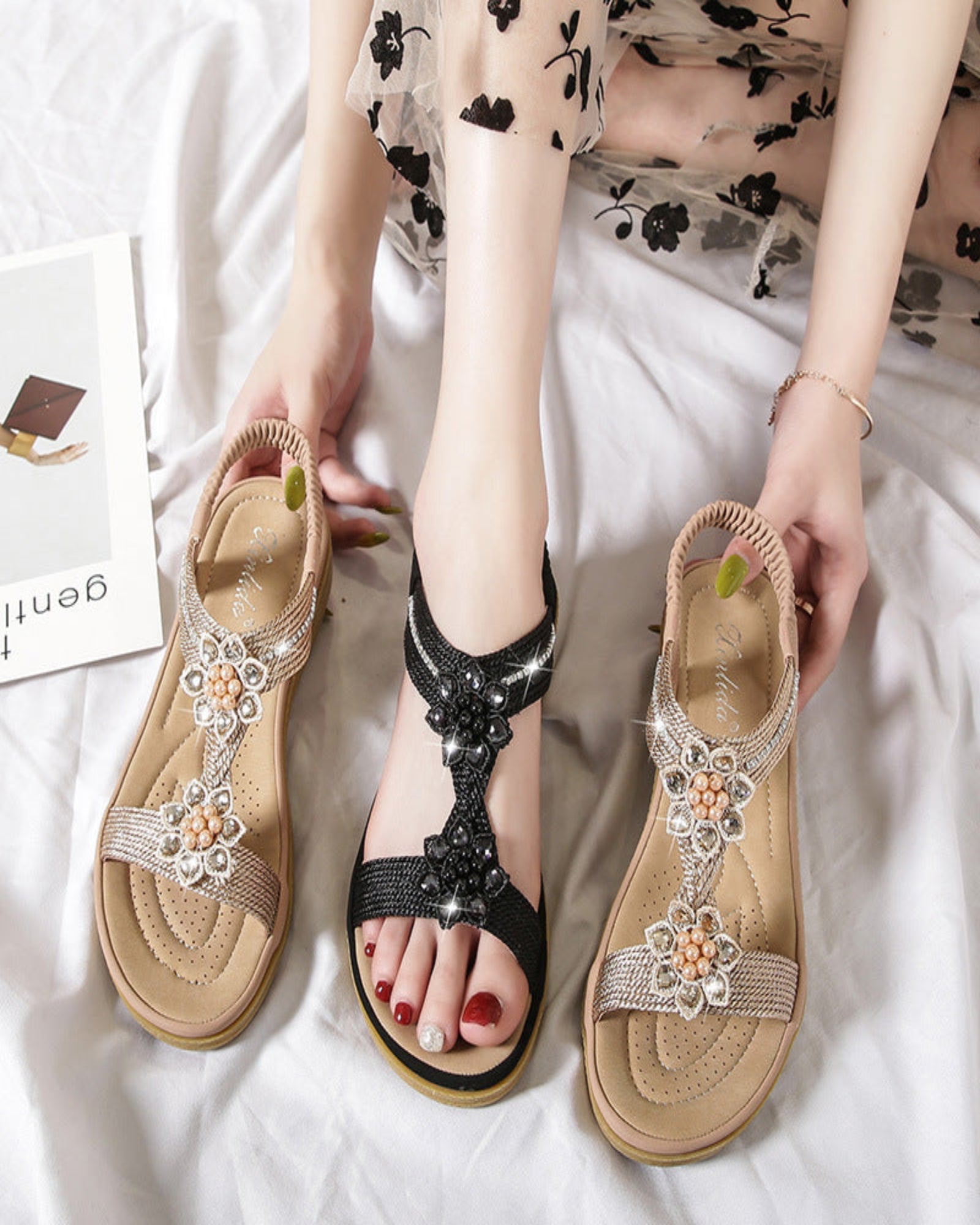 Taliah – Boho Rhinestone Flower Flat Sandals - Sandals - Boho Style