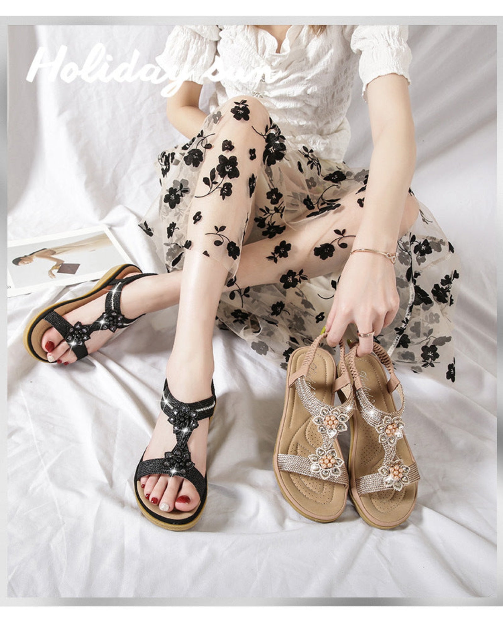 Taliah – Boho Rhinestone Flower Flat Sandals - Sandals - Boho Style