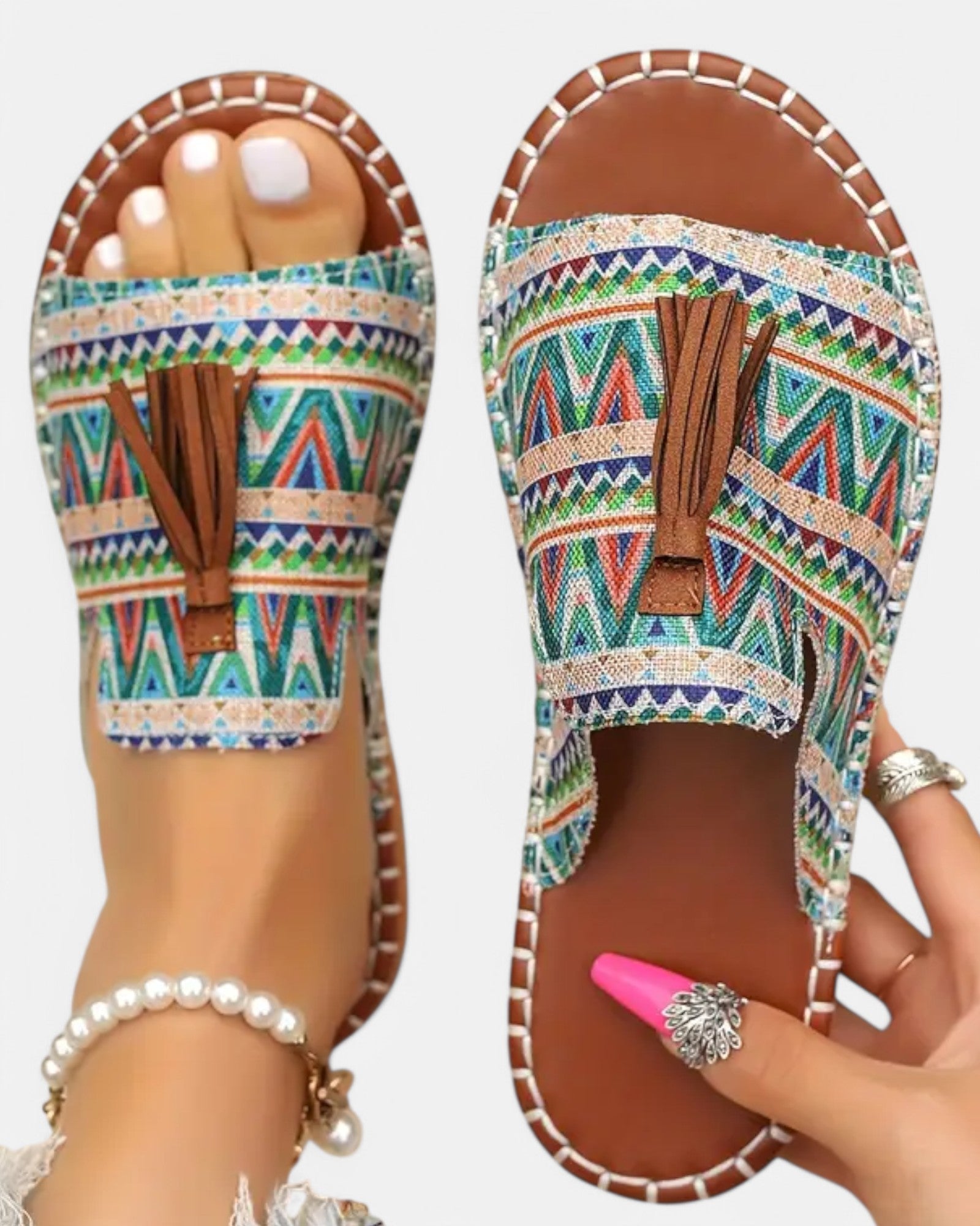Thea – Boho Tassel Slide Sandals with Colorful Design - Sandals - Boho Style