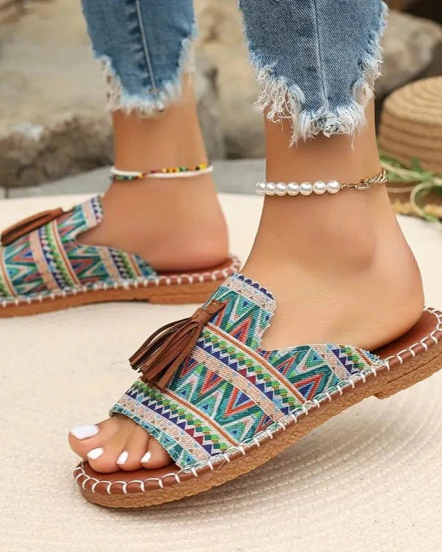 Thea – Boho Tassel Slide Sandals with Colorful Design - Sandals - Boho Style