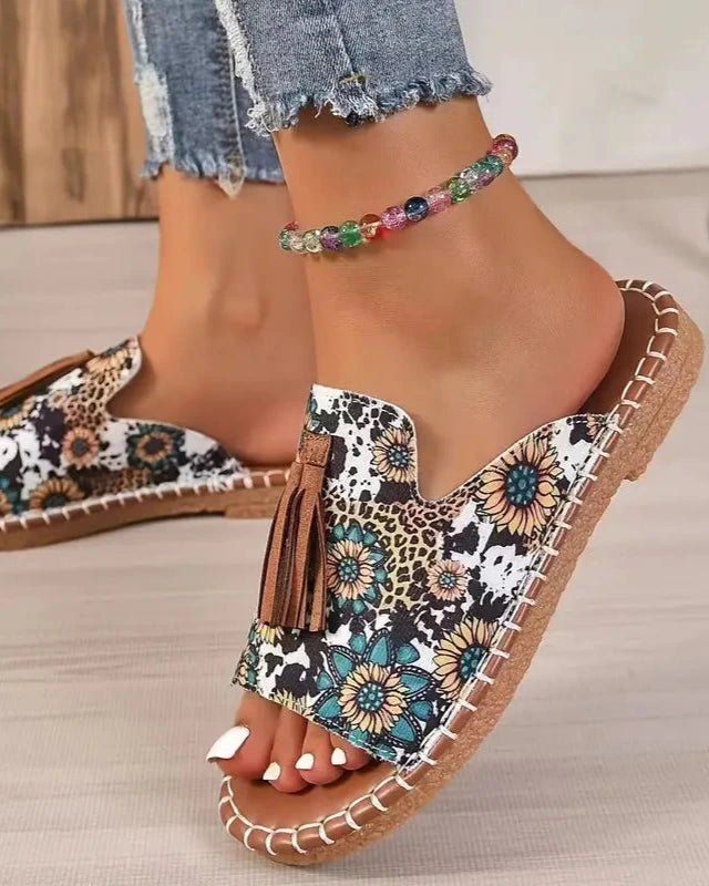 Thea – Boho Tassel Slide Sandals with Colorful Design - Sandals - Boho Style