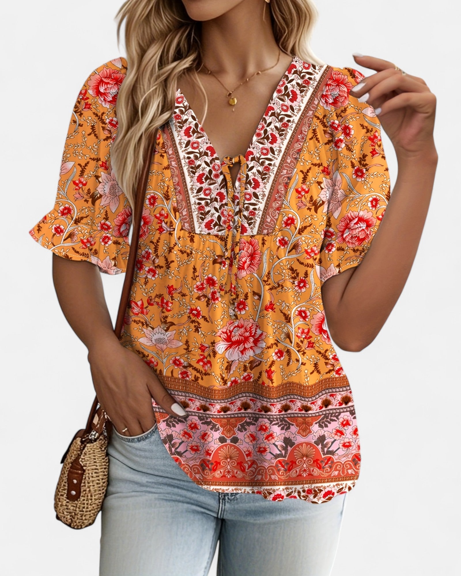 Thea – Plus Size Boho V - Neck Blouse with Lantern Sleeves - Blouse - Boho Style