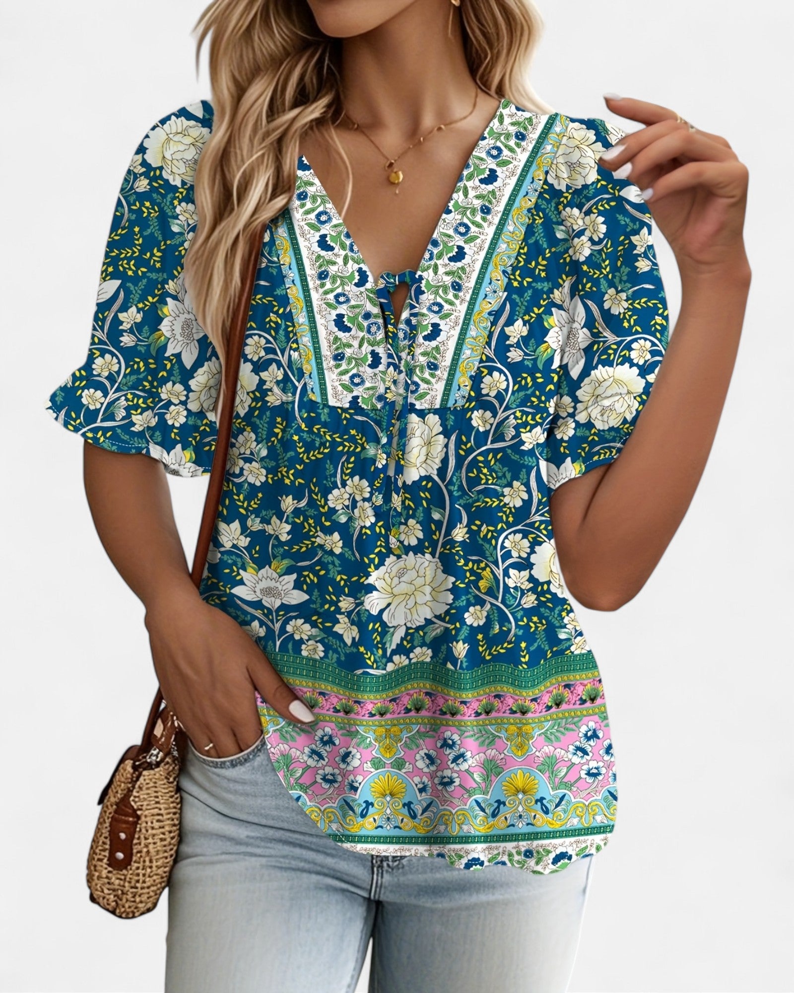 Thea – Plus Size Boho V - Neck Blouse with Lantern Sleeves - Blouse - Boho Style