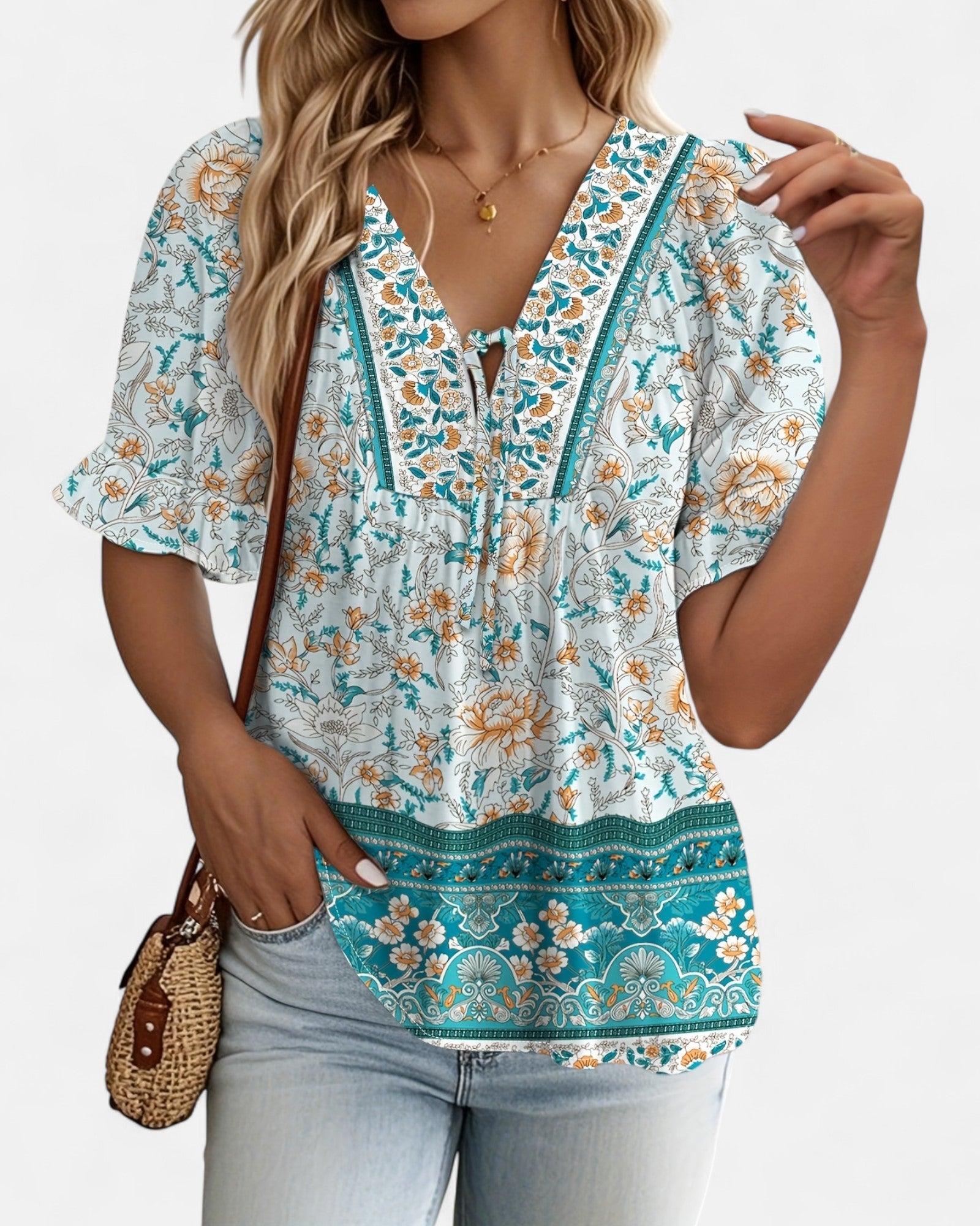 Thea – Plus Size Boho V - Neck Blouse with Lantern Sleeves - Blouse - Boho Style