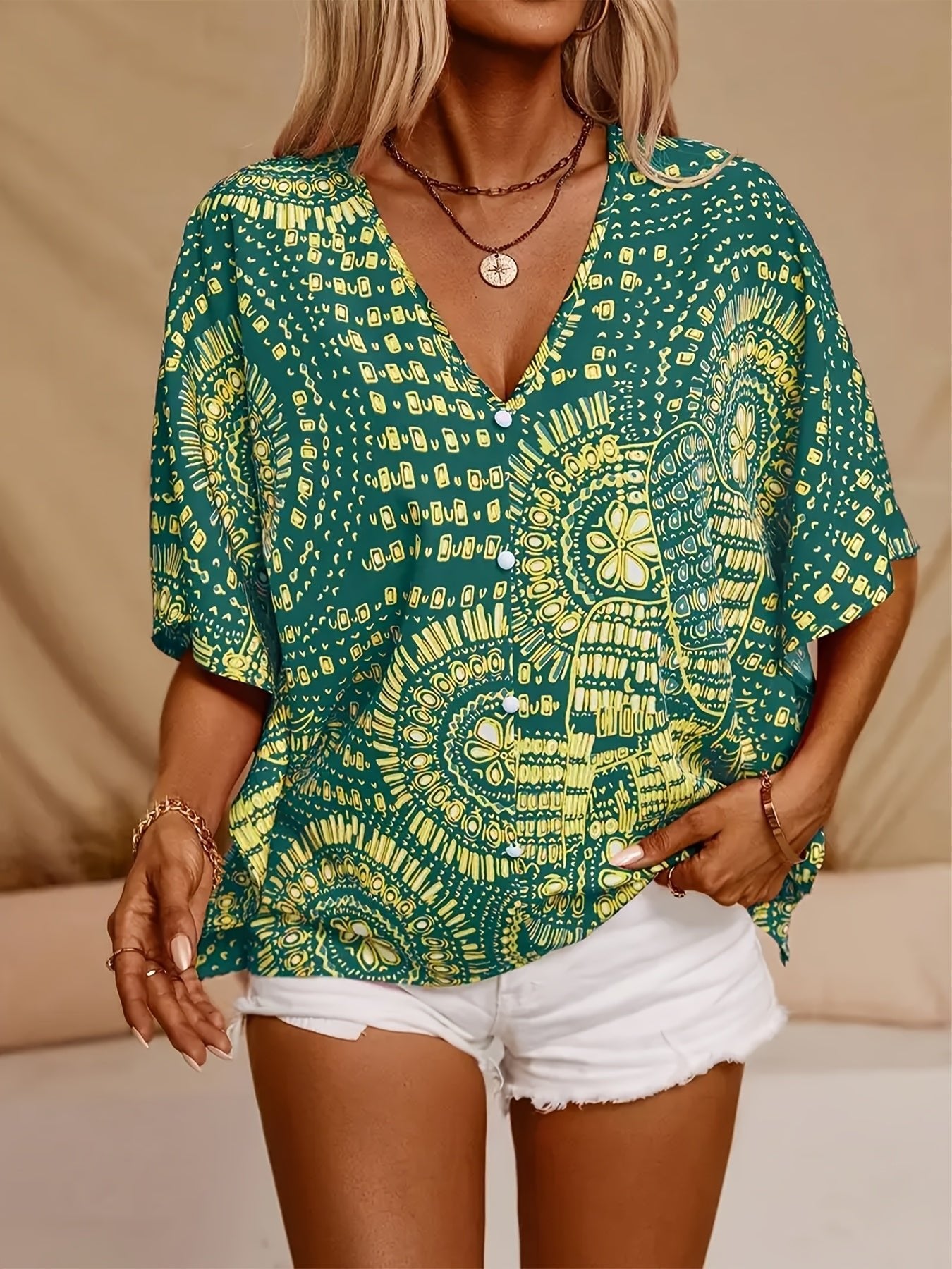 Zadie– Oversized Cotton V - Neck Boho Blouse for Curves - Blouse - Boho Style