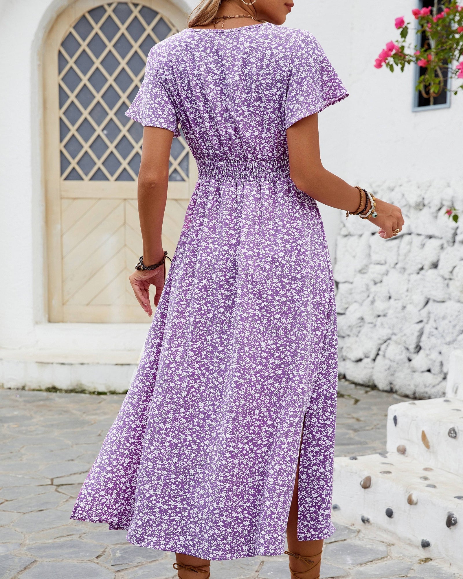 Zaria– Bohemian Floral V - Neck Maxi Dress with Slit - Dress - Boho Style