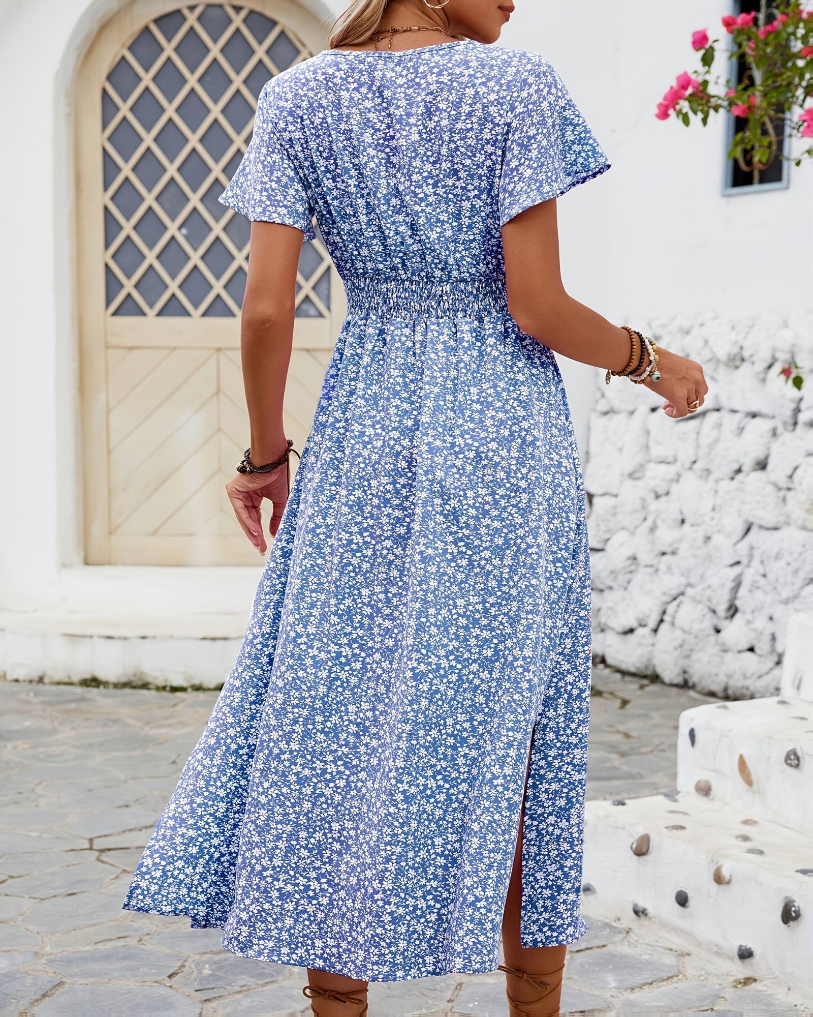 Zaria– Bohemian Floral V - Neck Maxi Dress with Slit - Dress - Boho Style
