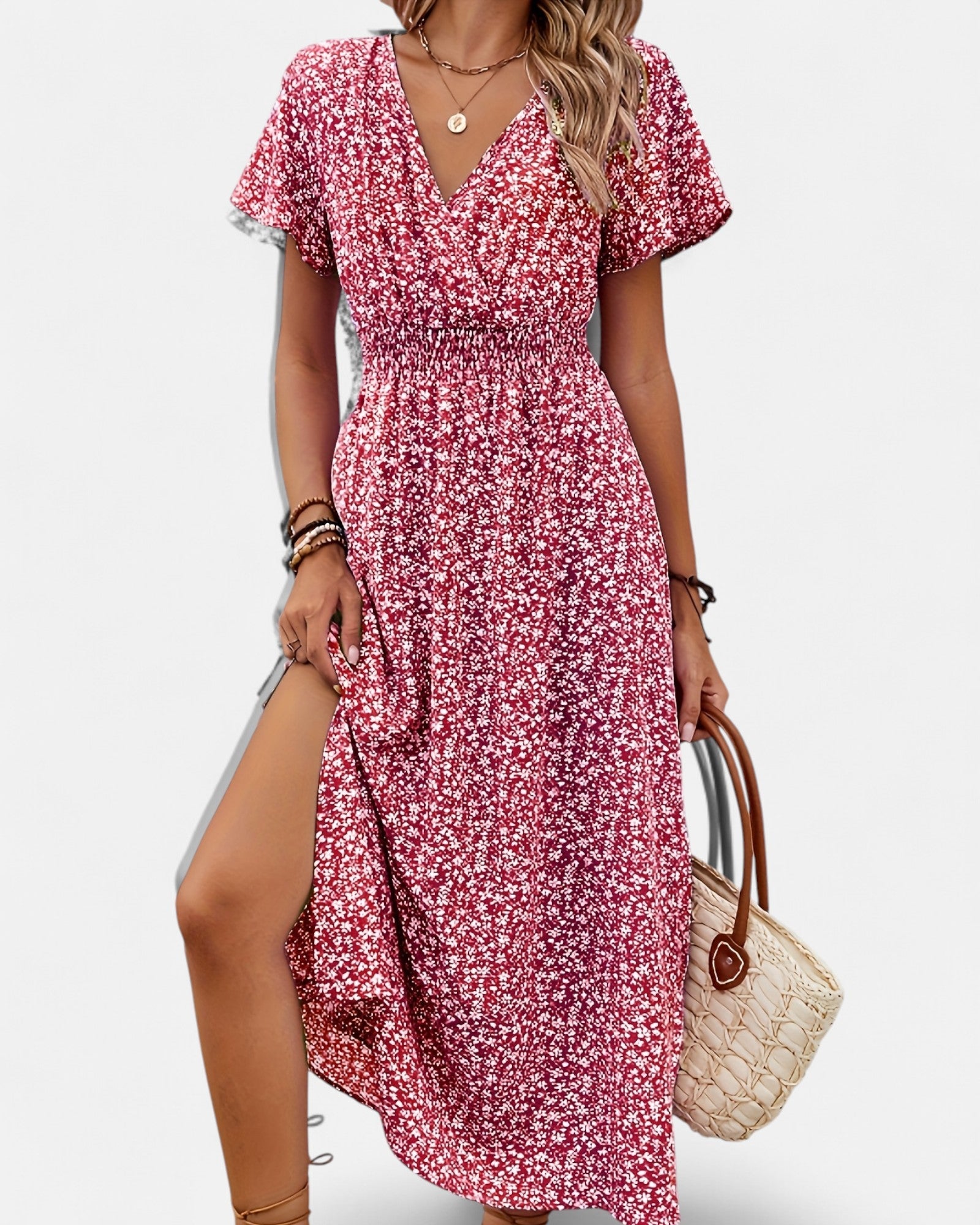 Zaria– Bohemian Floral V - Neck Maxi Dress with Slit - Dress - Boho Style
