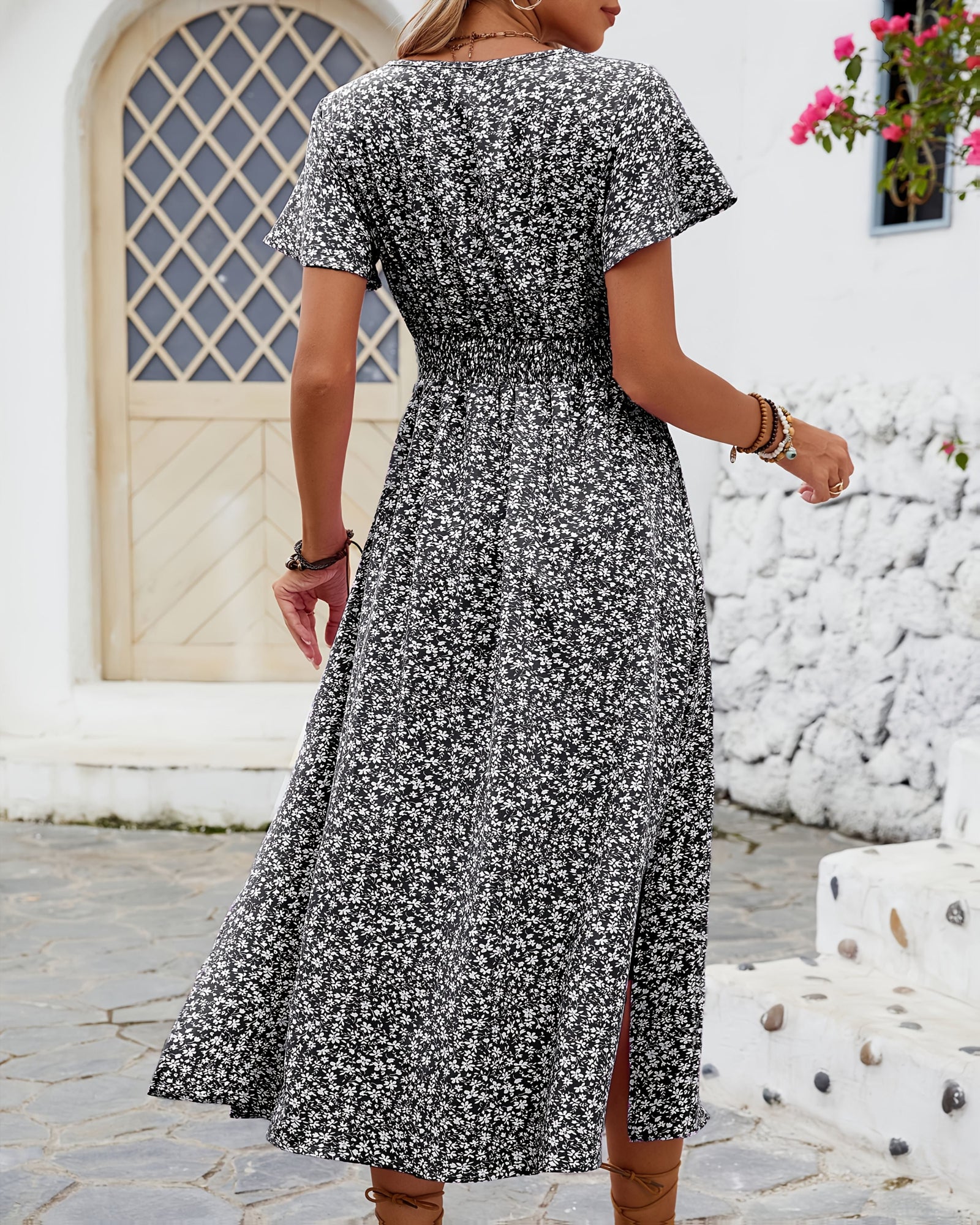 Zaria– Bohemian Floral V - Neck Maxi Dress with Slit - Dress - Boho Style
