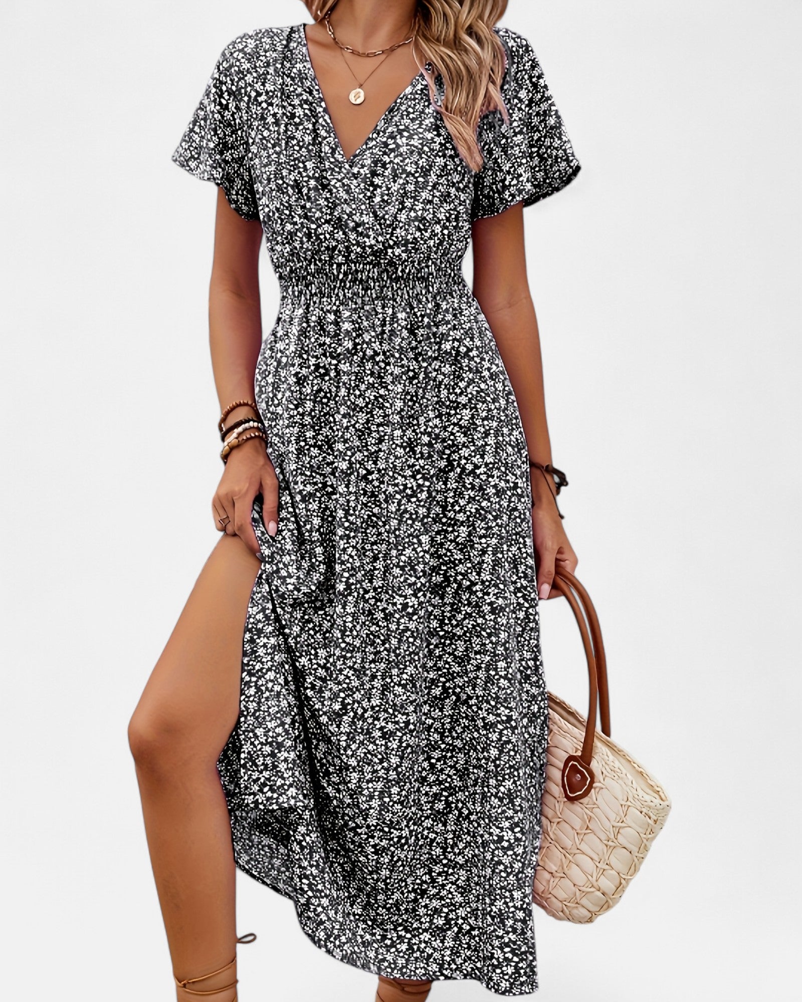 Zaria– Bohemian Floral V - Neck Maxi Dress with Slit - Dress - Boho Style