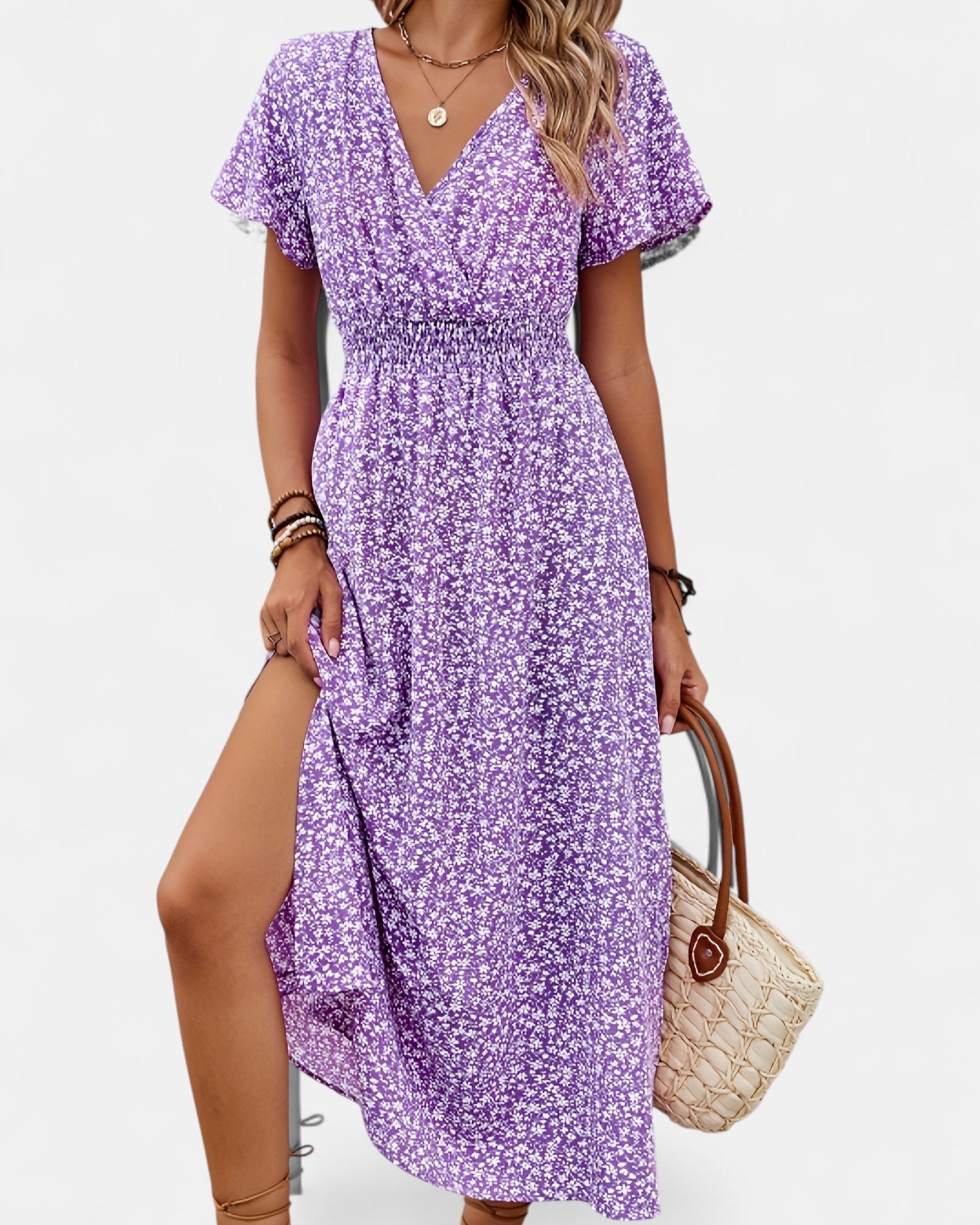 Zaria– Bohemian Floral V - Neck Maxi Dress with Slit - Dress - Boho Style