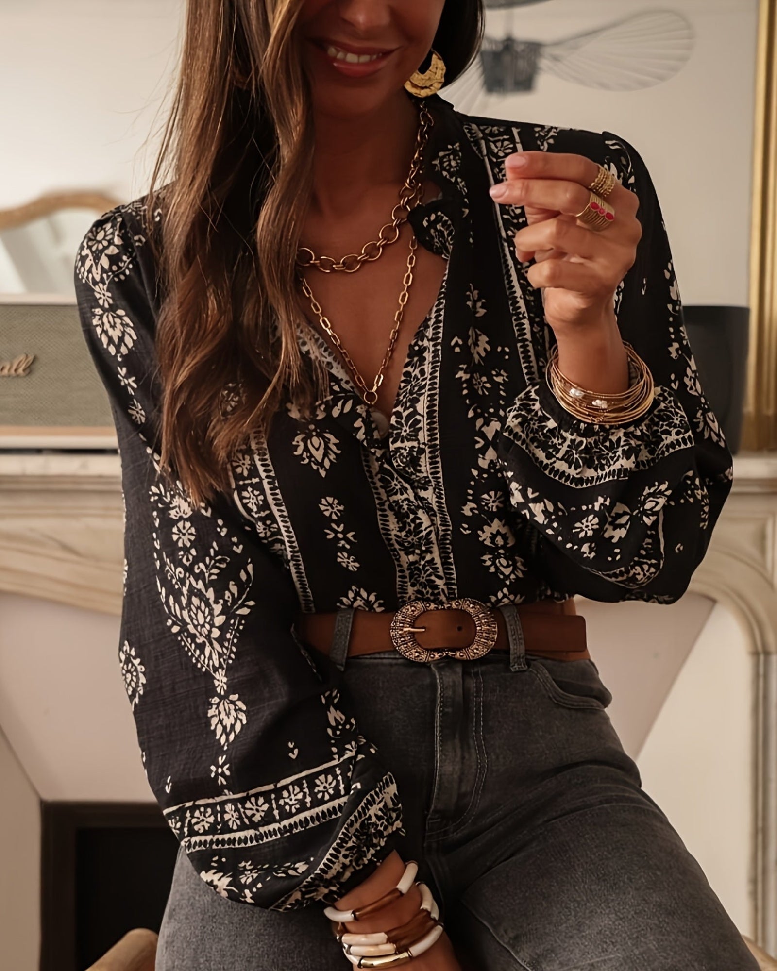 Zuleika – Bohemian Floral Blouse with Lantern Sleeves - Blouses - Boho Style